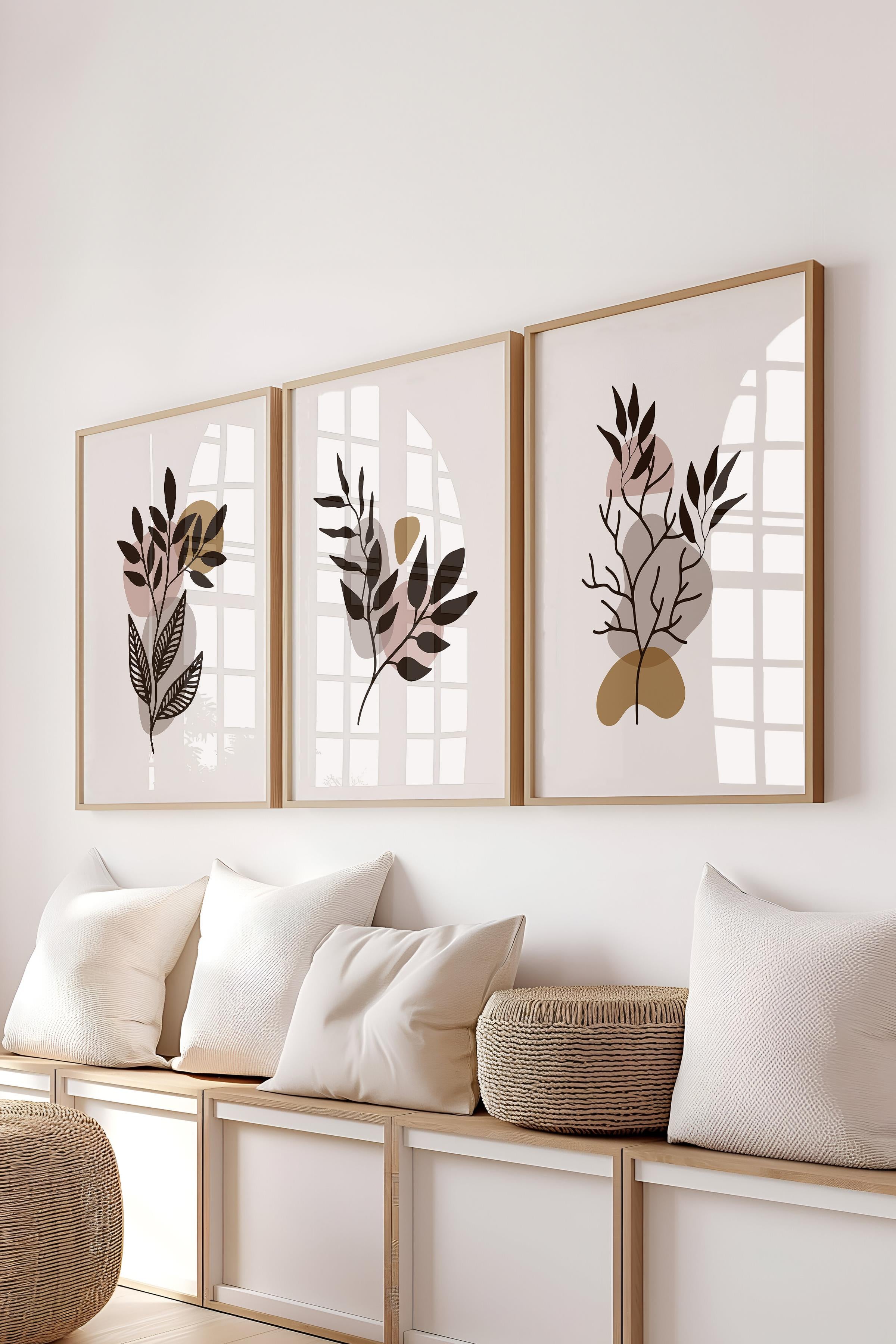 Çerçeveli Tablo Seti, 3 Adet Ahşap Çerçeve ve Soyut Botanik Temalı Poster Seti, No:300682