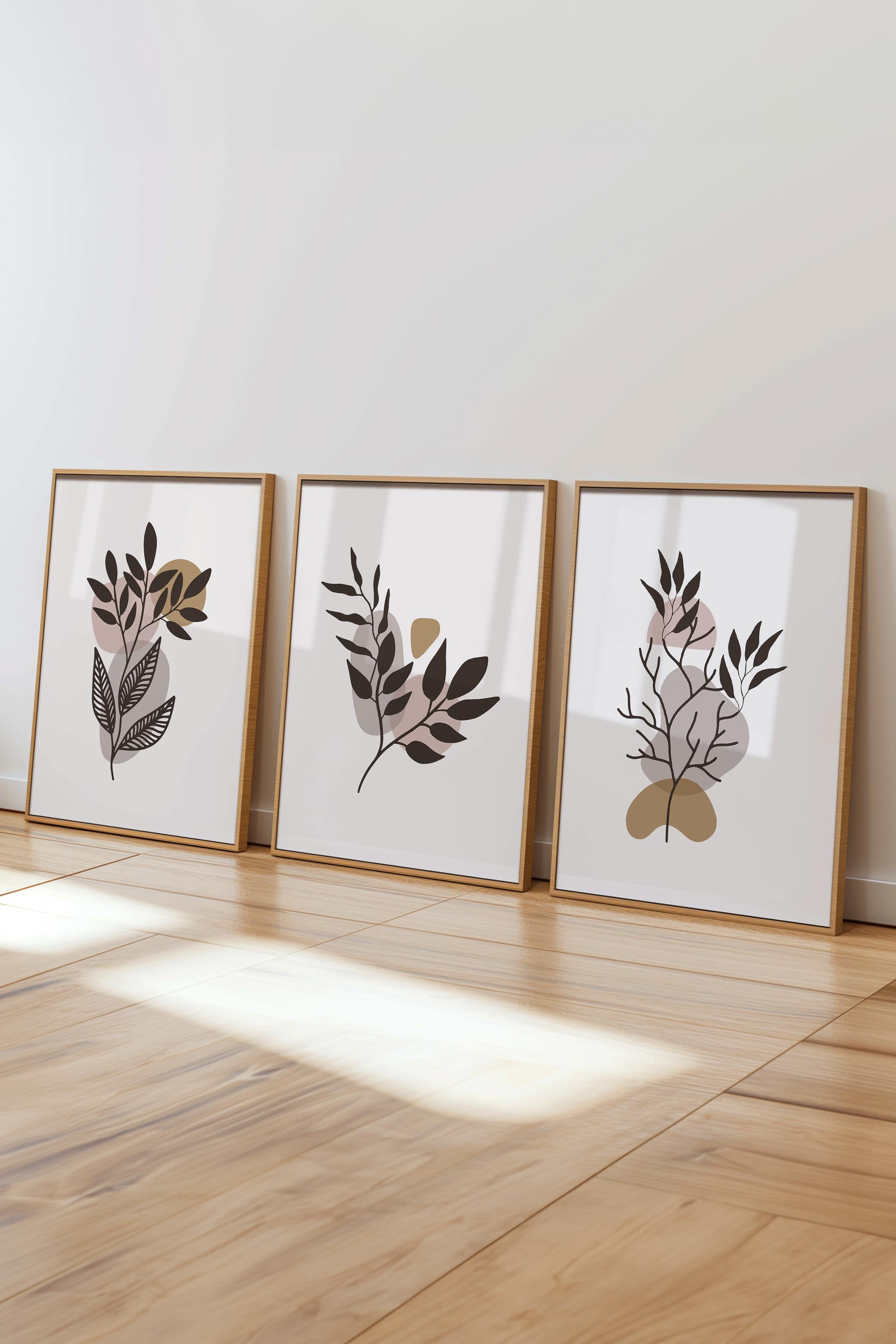 Çerçeveli Tablo Seti, 3 Adet Ahşap Çerçeve ve Soyut Botanik Temalı Poster Seti, No:300682