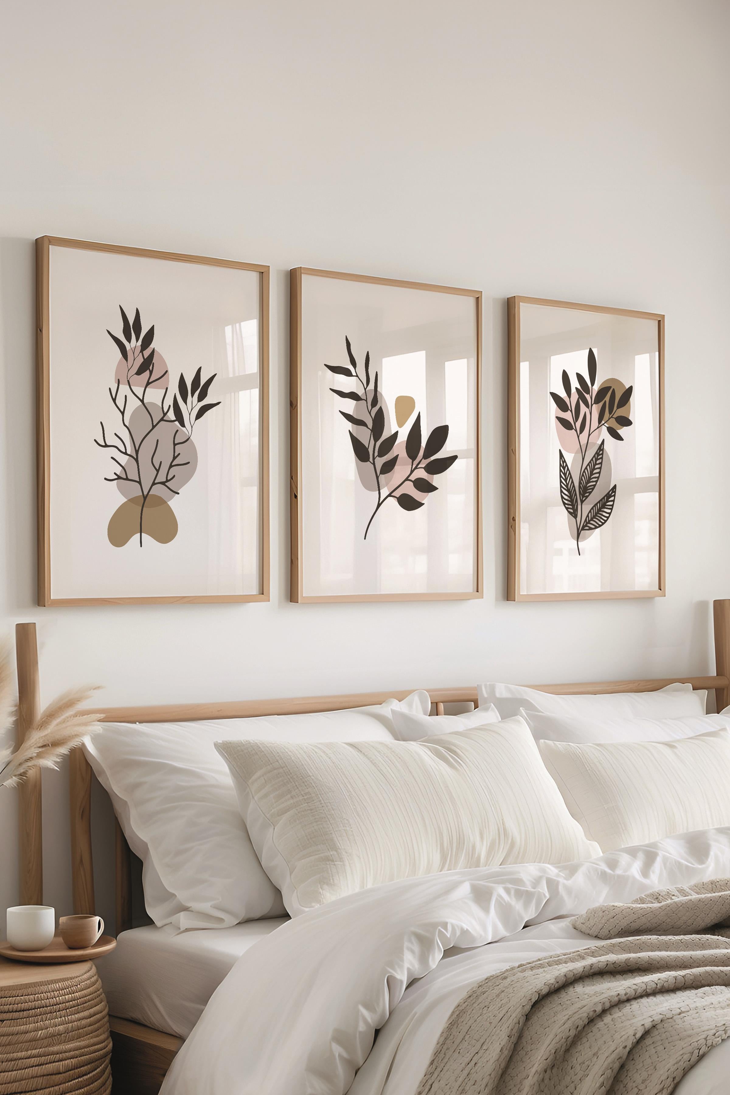 Çerçeveli Tablo Seti, 3 Adet Ahşap Çerçeve ve Soyut Botanik Temalı Poster Seti, No:300682
