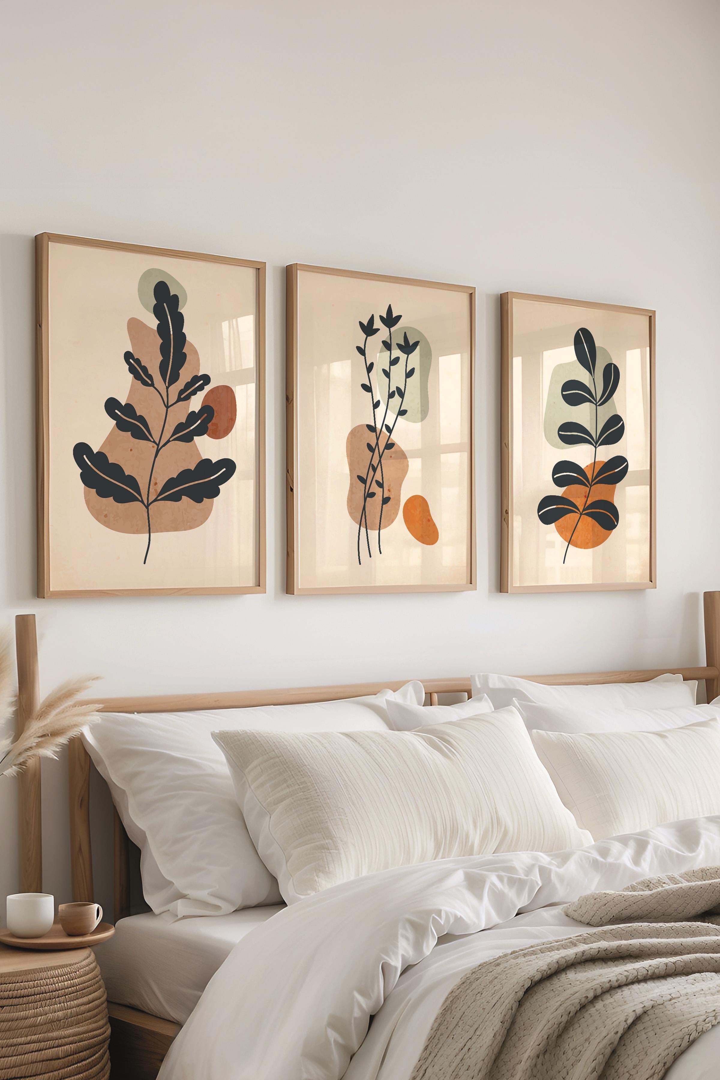 Çerçeveli Tablo Seti, 3 Adet Ahşap Çerçeve ve Soyut Botanik Temalı Poster Seti, No:300684