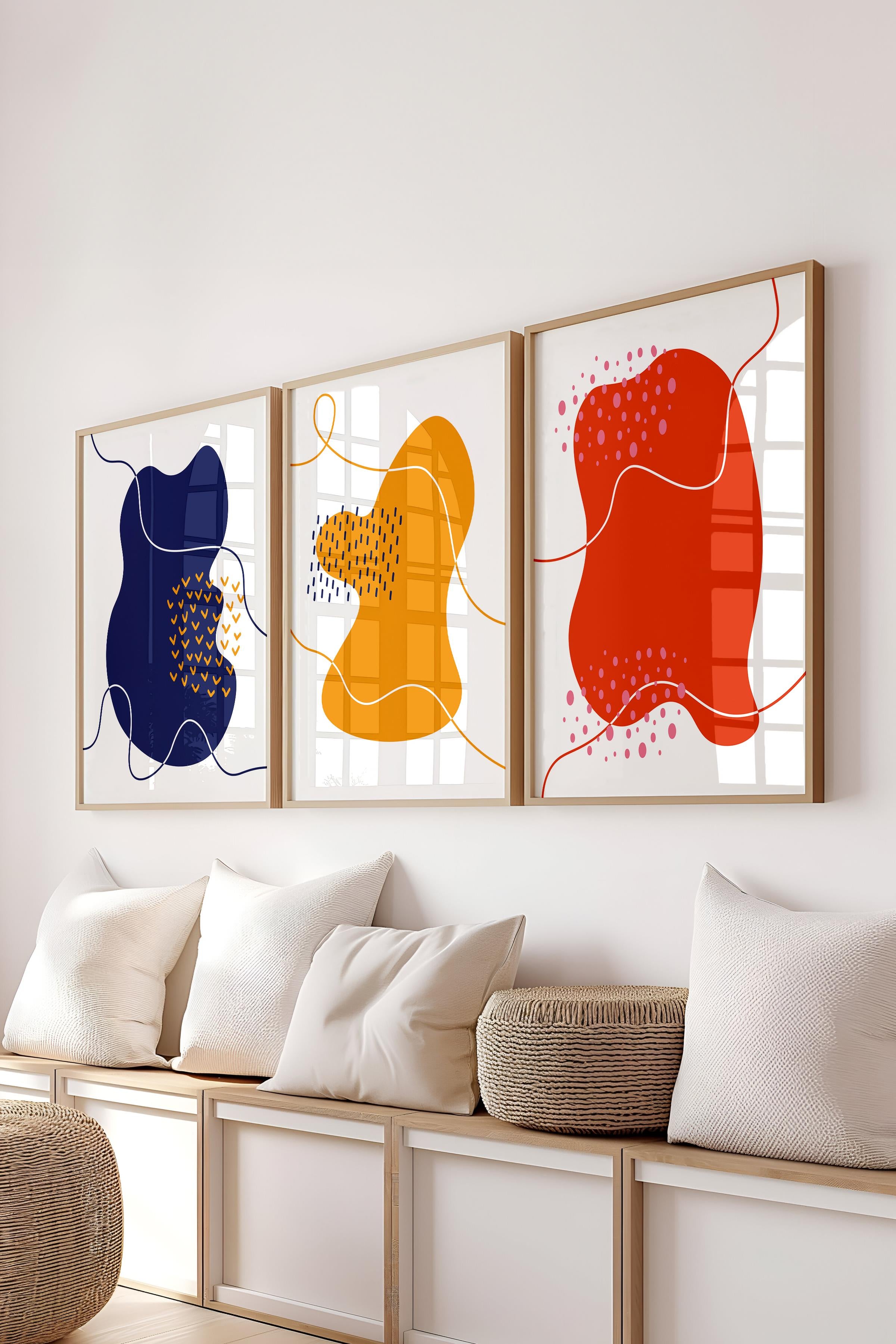 Çerçeveli Tablo Seti, 3 Adet Ahşap Çerçeve ve Soyut Temalı Poster Seti, Duvar Tablosu No:300640