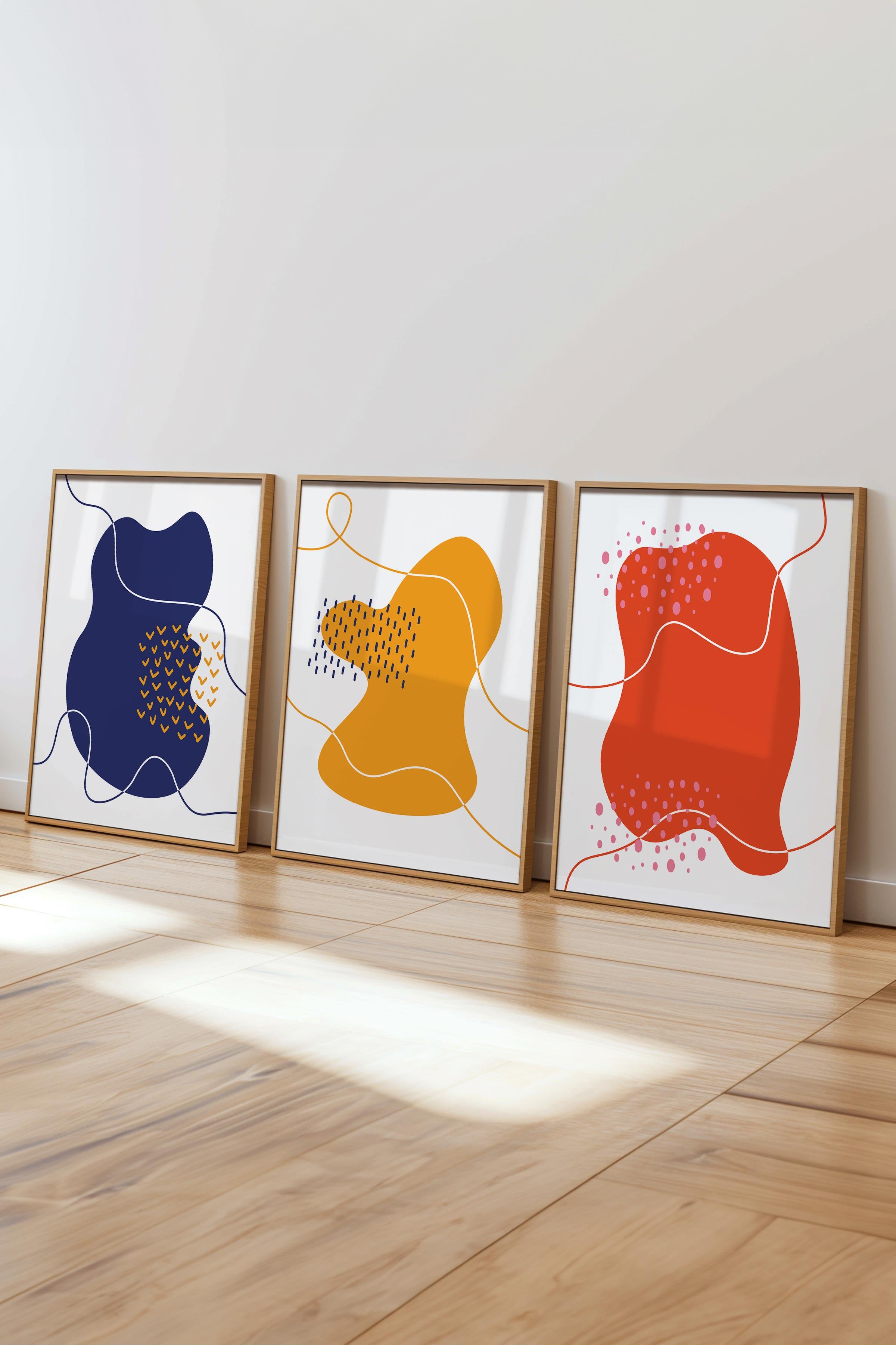 Çerçeveli Tablo Seti, 3 Adet Ahşap Çerçeve ve Soyut Temalı Poster Seti, Duvar Tablosu No:300640