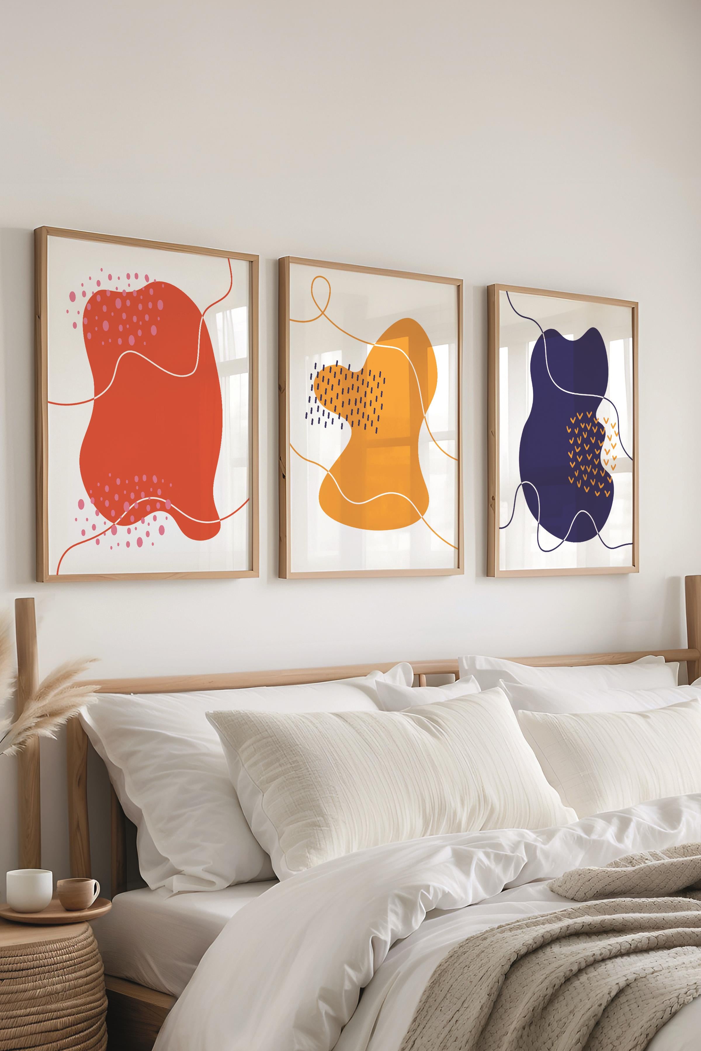 Çerçeveli Tablo Seti, 3 Adet Ahşap Çerçeve ve Soyut Temalı Poster Seti, Duvar Tablosu No:300640