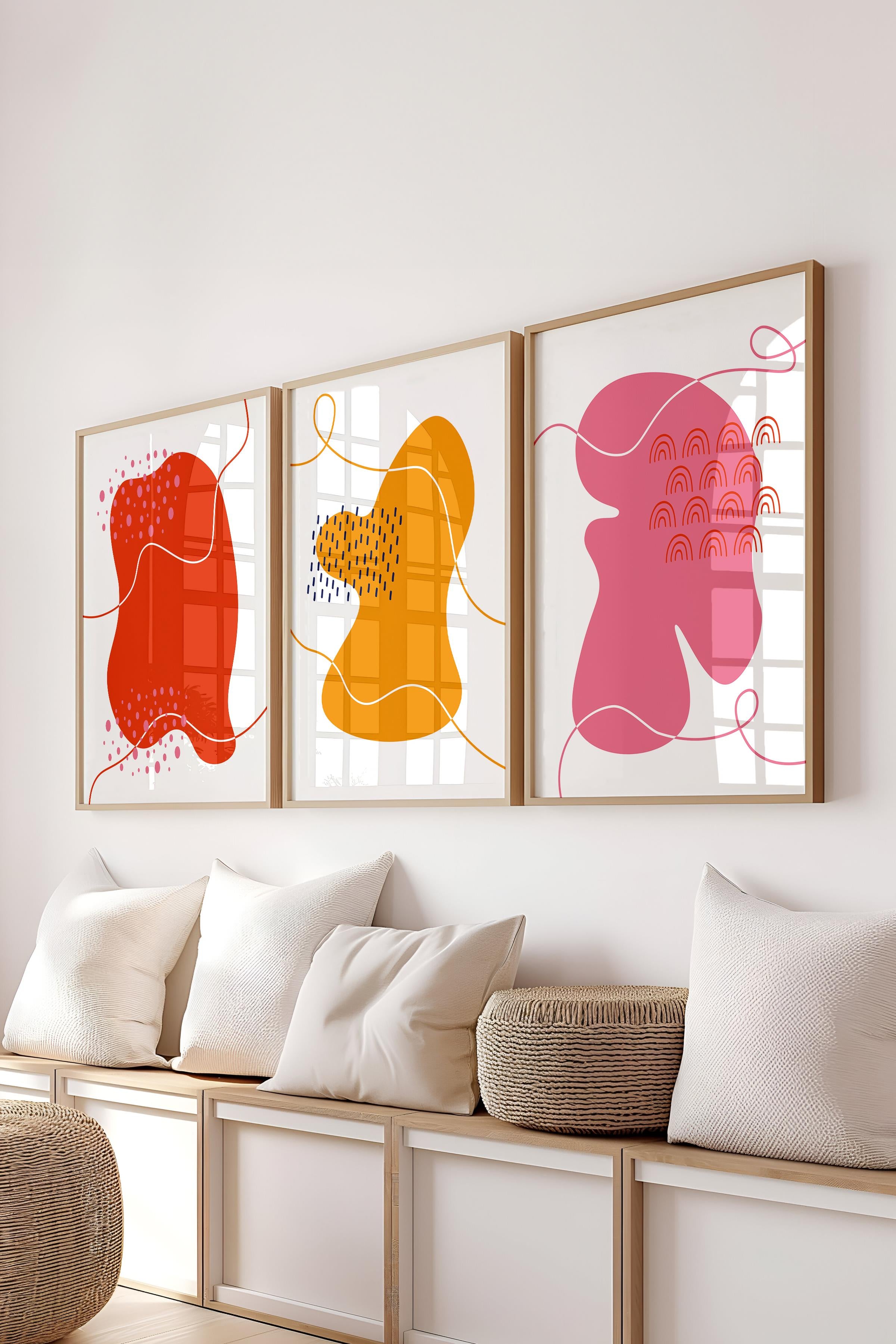 Çerçeveli Tablo Seti, 3 Adet Ahşap Çerçeve ve Soyut Temalı Poster Seti, Duvar Tablosu No:300641