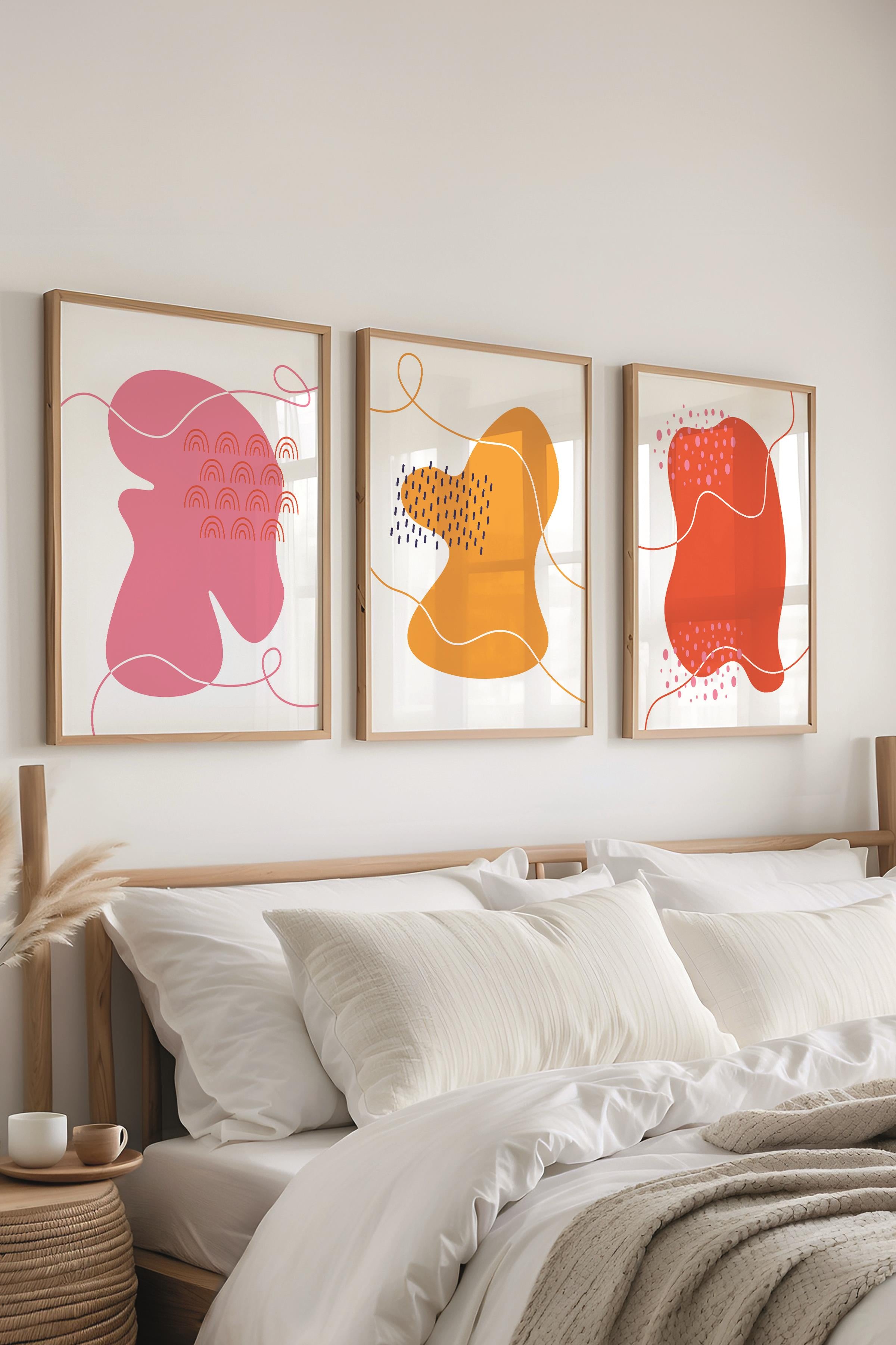 Çerçeveli Tablo Seti, 3 Adet Ahşap Çerçeve ve Soyut Temalı Poster Seti, Duvar Tablosu No:300641
