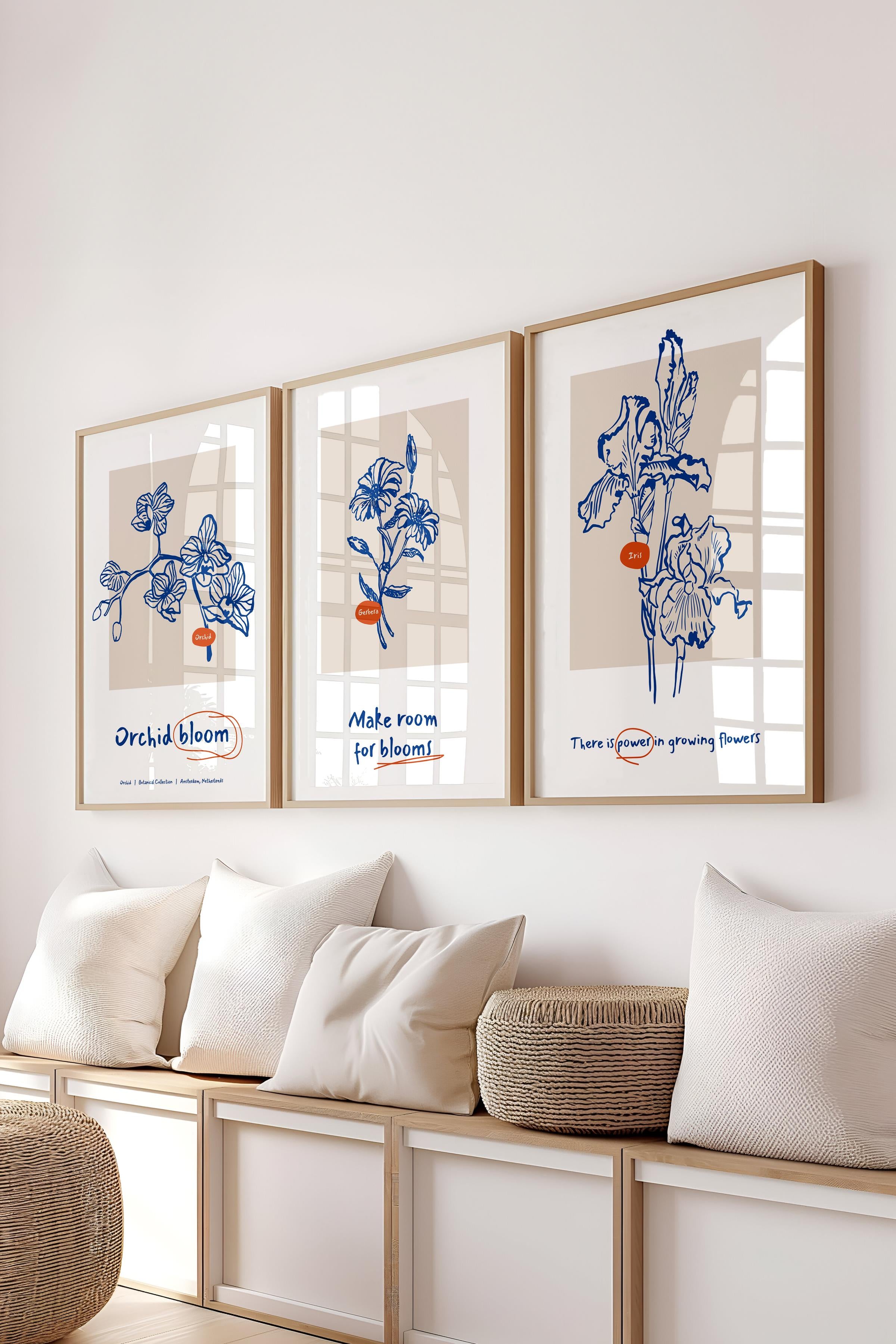 Çerçeveli Tablo Seti, 3 Adet Ahşap Çerçeve ve Yeşil Minimalist Botanik Temalı Poster Seti, No:300447