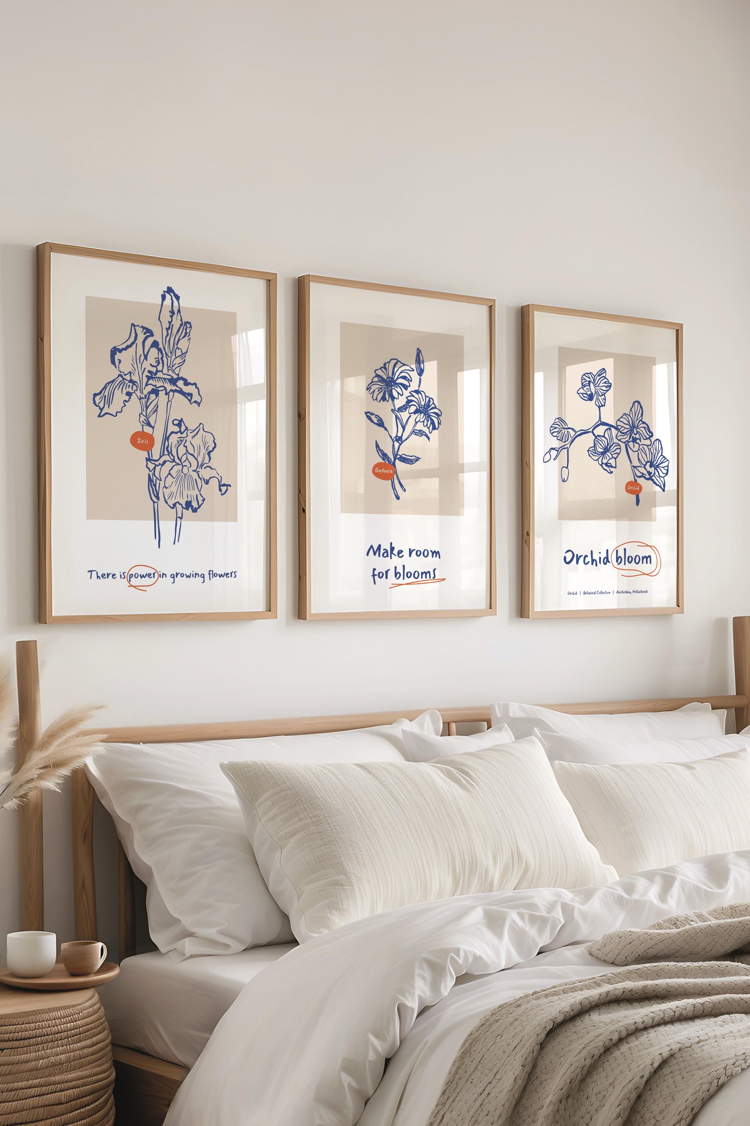 Çerçeveli Tablo Seti, 3 Adet Ahşap Çerçeve ve Yeşil Minimalist Botanik Temalı Poster Seti, No:300447