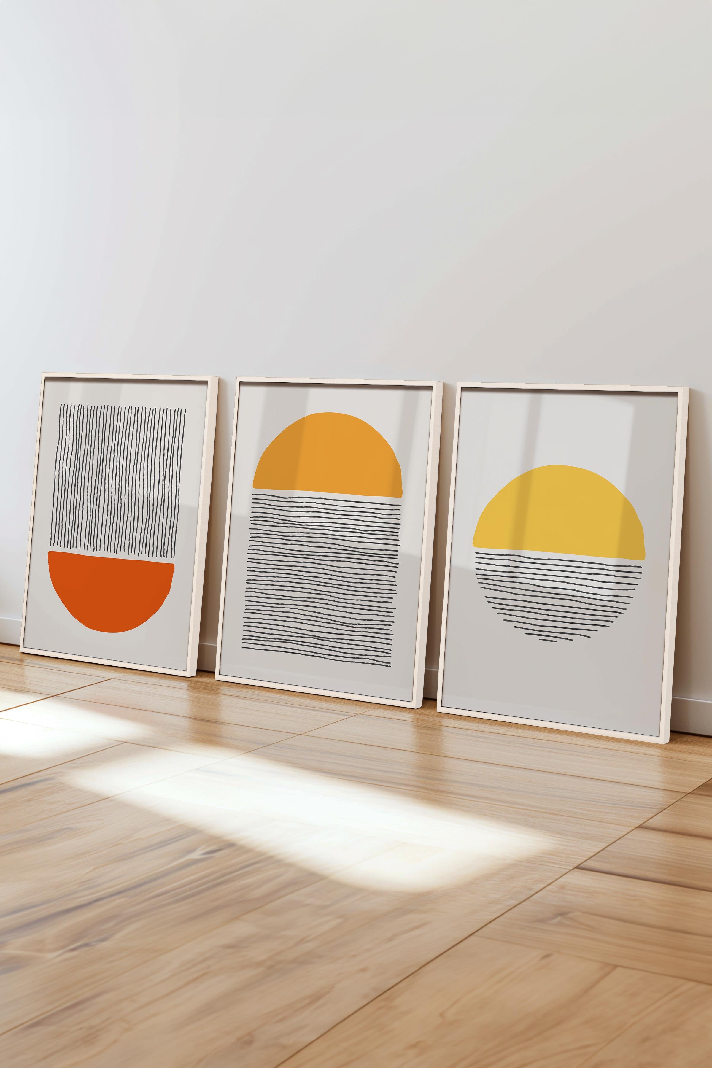 Çerçeveli Tablo Seti, 3 Adet Beyaz Çerçeve ve Geometrik Temalı Poster Seti, Duvar Tablosu No:300659