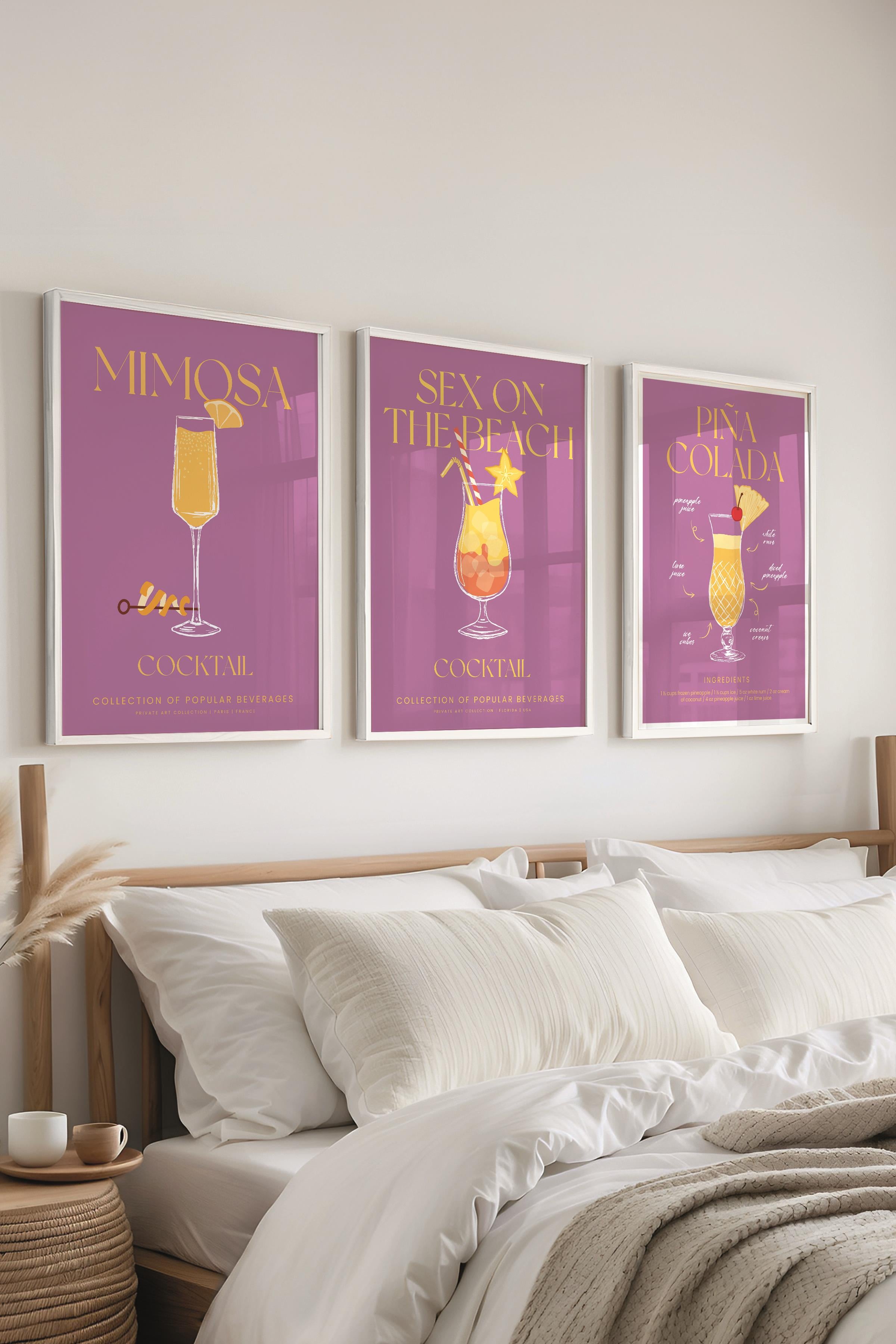 Çerçeveli Tablo Seti, 3 Adet Beyaz Çerçeve ve Kokteyl Çizim Temalı Poster Seti, No:300536