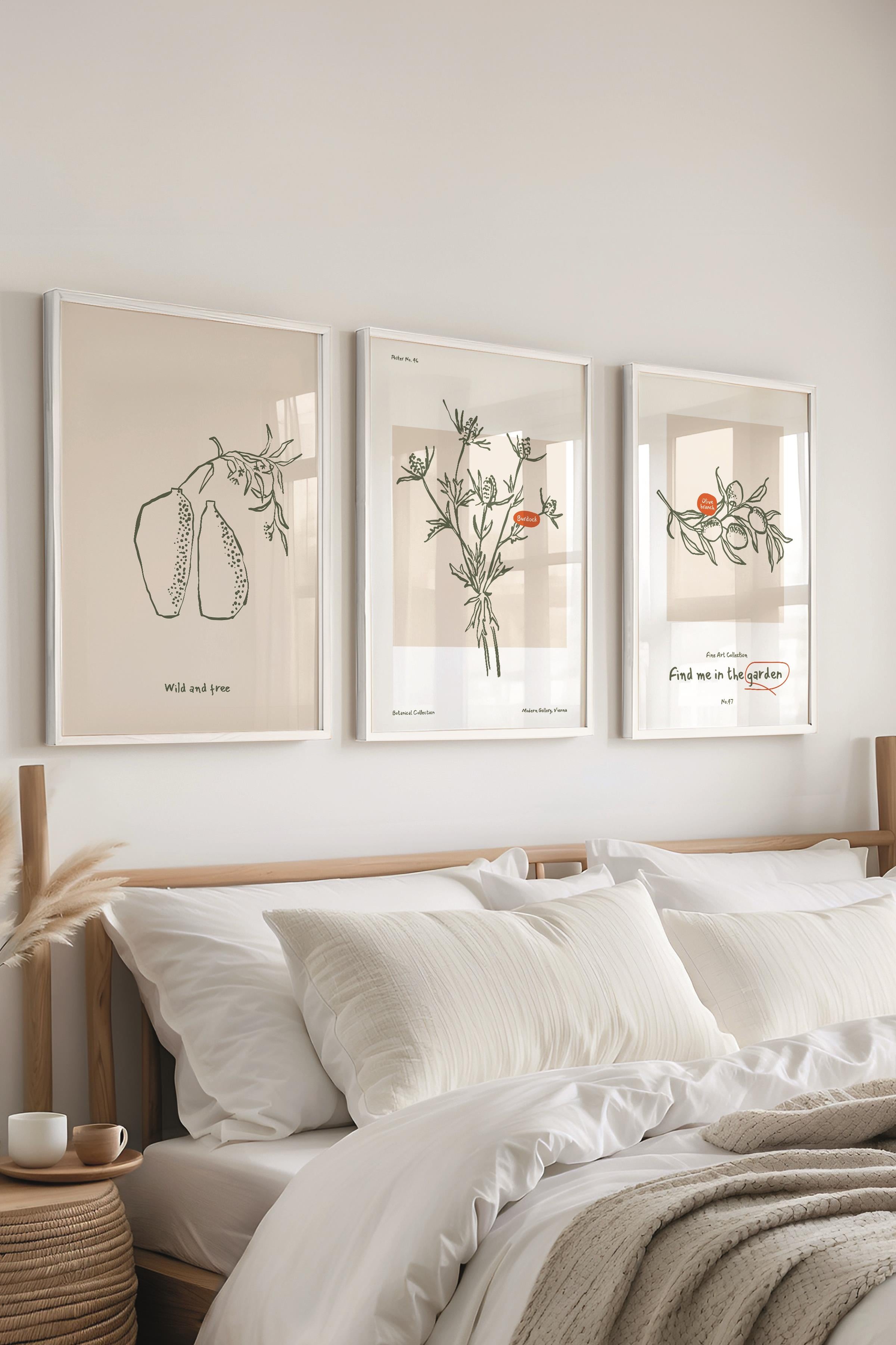 Çerçeveli Tablo Seti, 3 Adet Beyaz Çerçeve ve Minimalist Botanik Temalı Poster Seti, No:300470