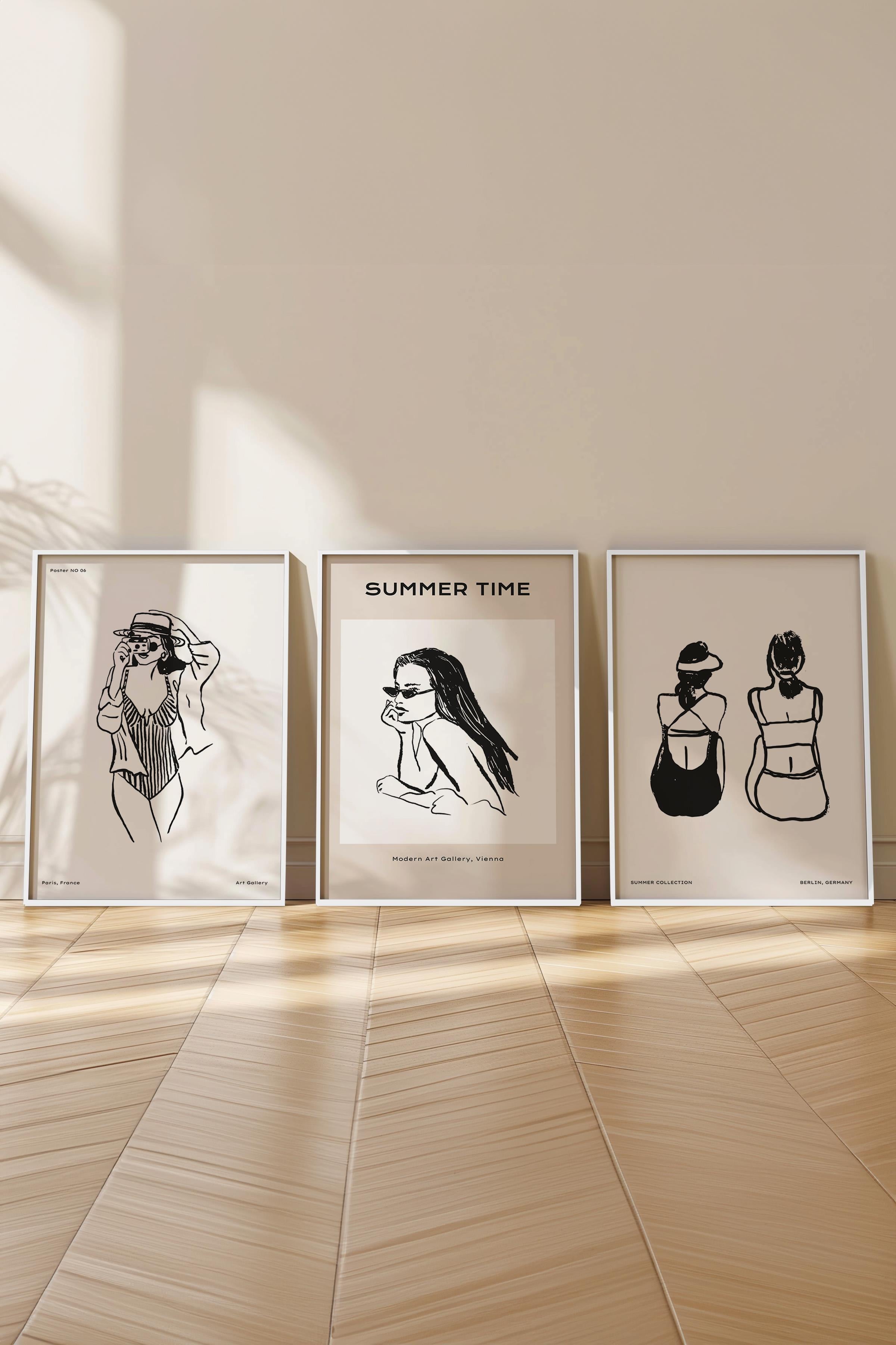 Çerçeveli Tablo Seti, 3 Adet Beyaz Çerçeve ve Minimalist Çizim Temalı Poster Seti, No:300520