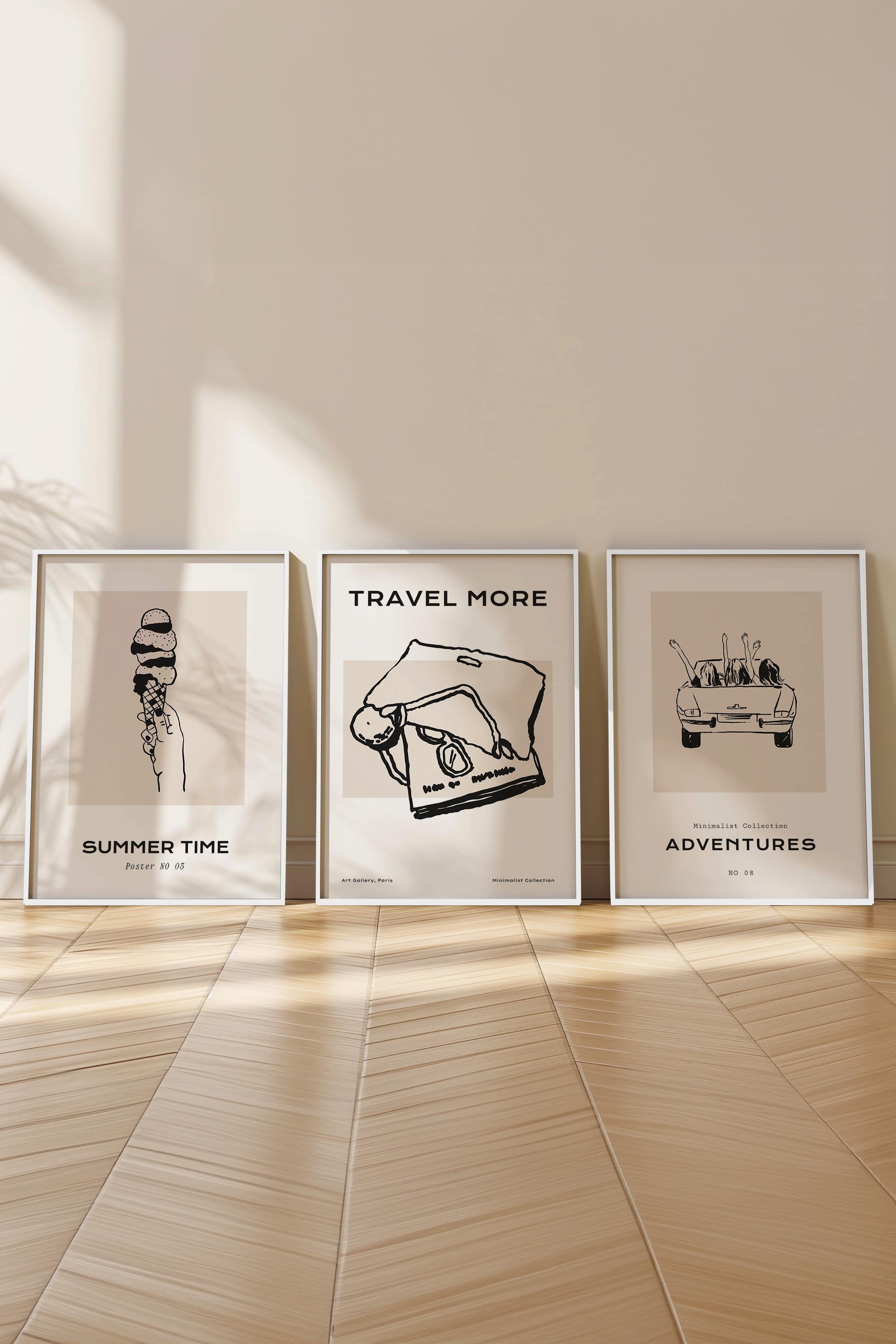 Çerçeveli Tablo Seti, 3 Adet Beyaz Çerçeve ve Minimalist Çizim Temalı Poster Seti, No:300521