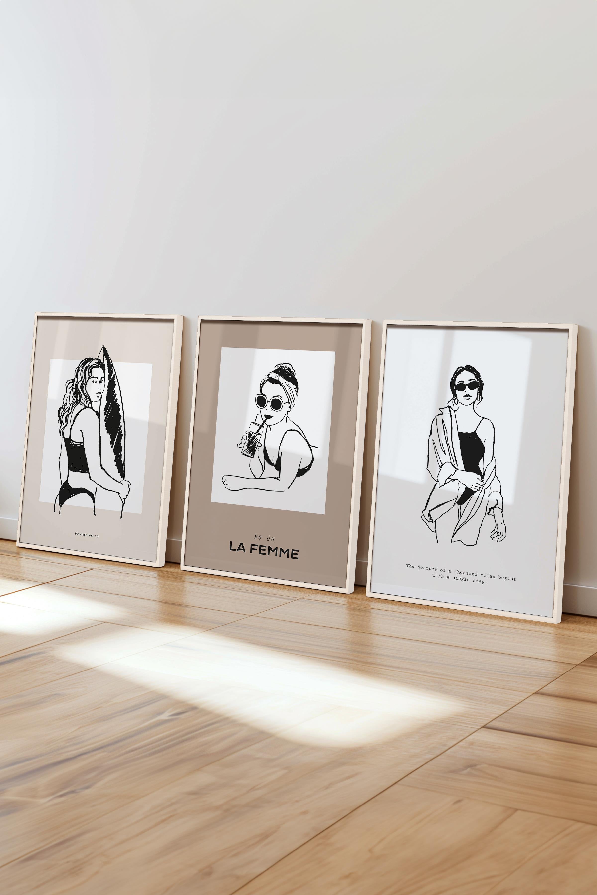 Çerçeveli Tablo Seti, 3 Adet Beyaz Çerçeve ve Minimalist Çizim Temalı Poster Seti, No:300525