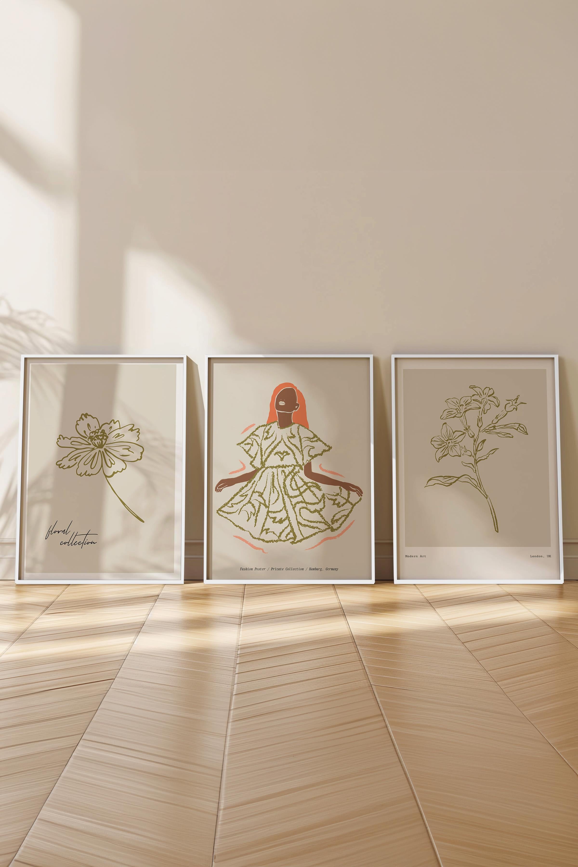 Çerçeveli Tablo Seti, 3 Adet Beyaz Çerçeve ve Minimalist Çizim Temalı Poster Seti, No:300580