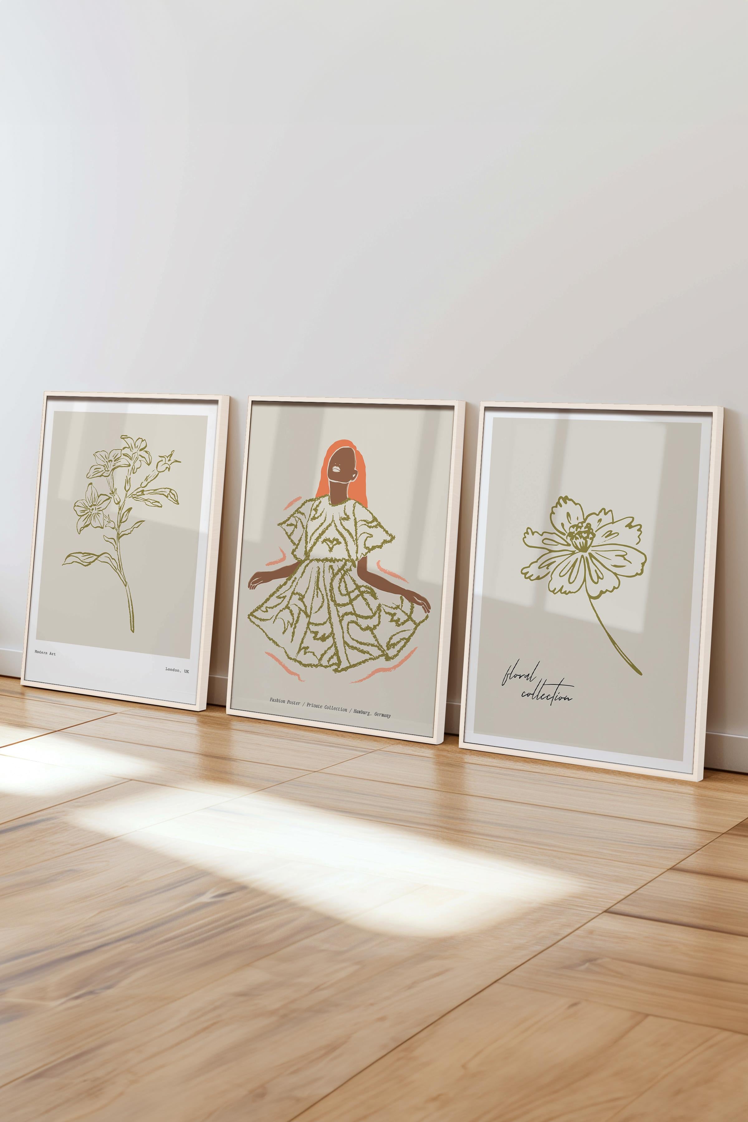 Çerçeveli Tablo Seti, 3 Adet Beyaz Çerçeve ve Minimalist Çizim Temalı Poster Seti, No:300580