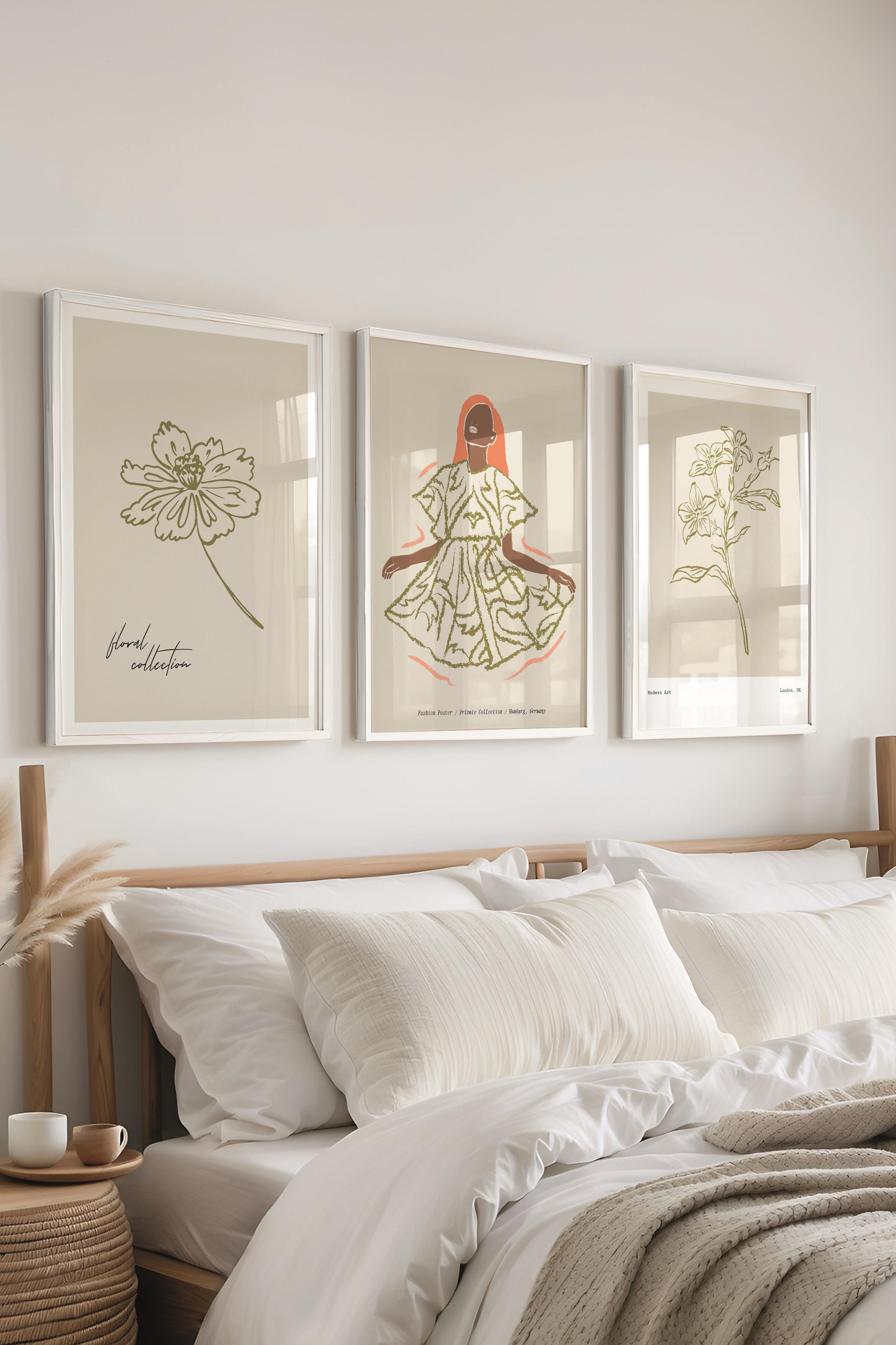 Çerçeveli Tablo Seti, 3 Adet Beyaz Çerçeve ve Minimalist Çizim Temalı Poster Seti, No:300580