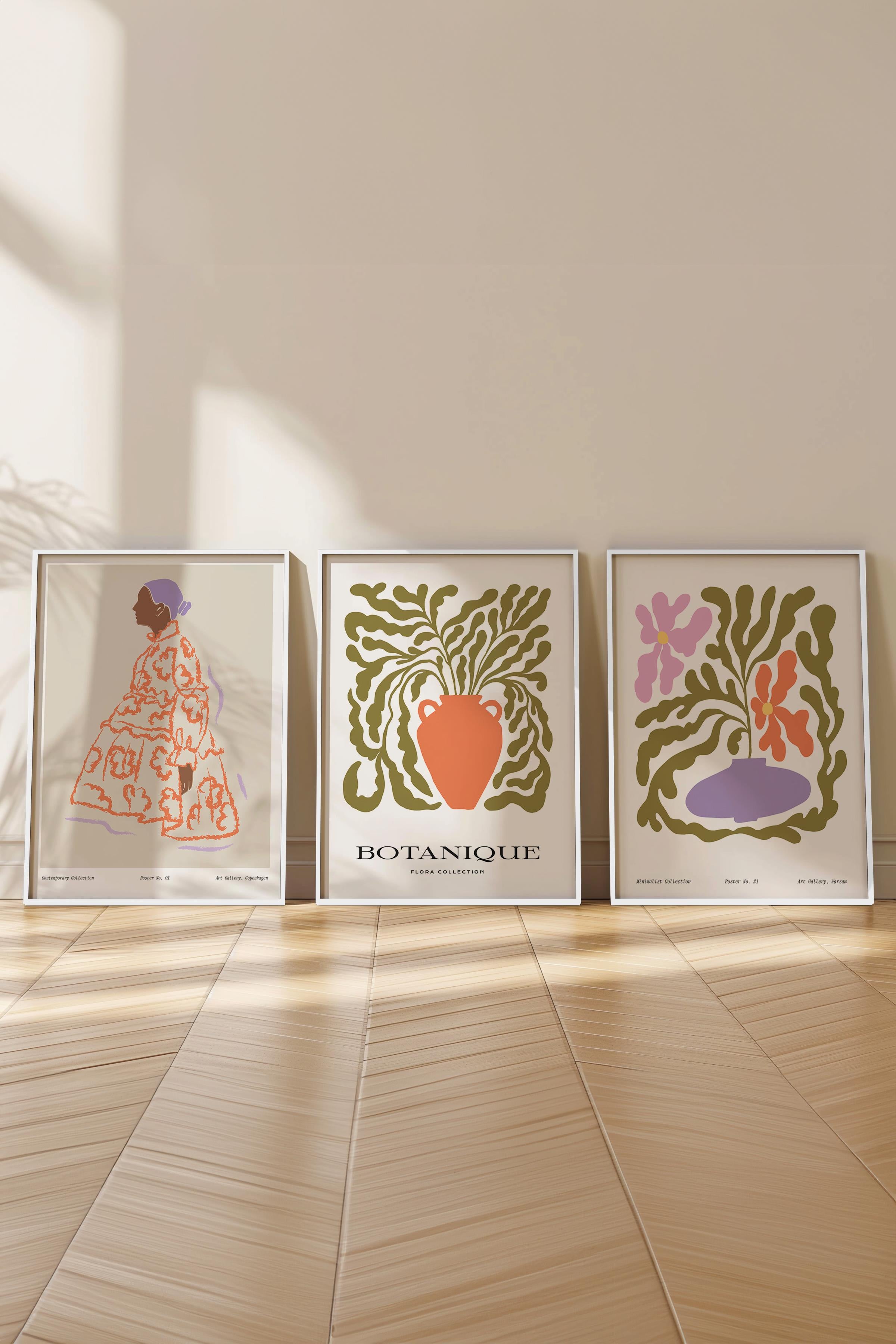 Çerçeveli Tablo Seti, 3 Adet Beyaz Çerçeve ve Minimalist Çizim Temalı Poster Seti, No:300584