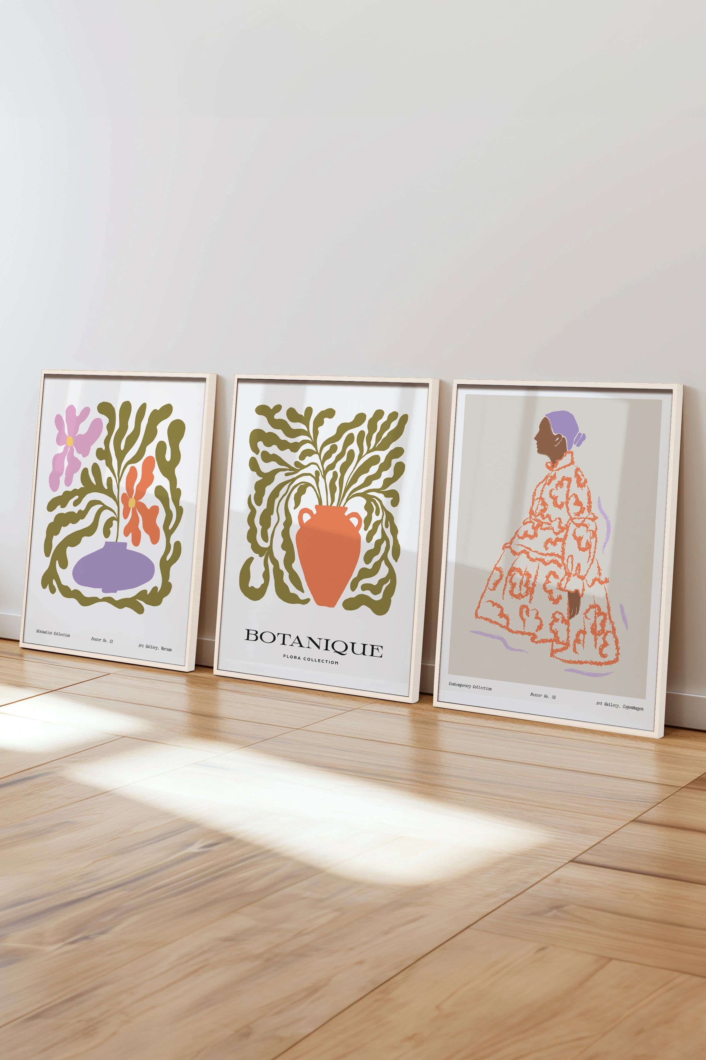 Çerçeveli Tablo Seti, 3 Adet Beyaz Çerçeve ve Minimalist Çizim Temalı Poster Seti, No:300584