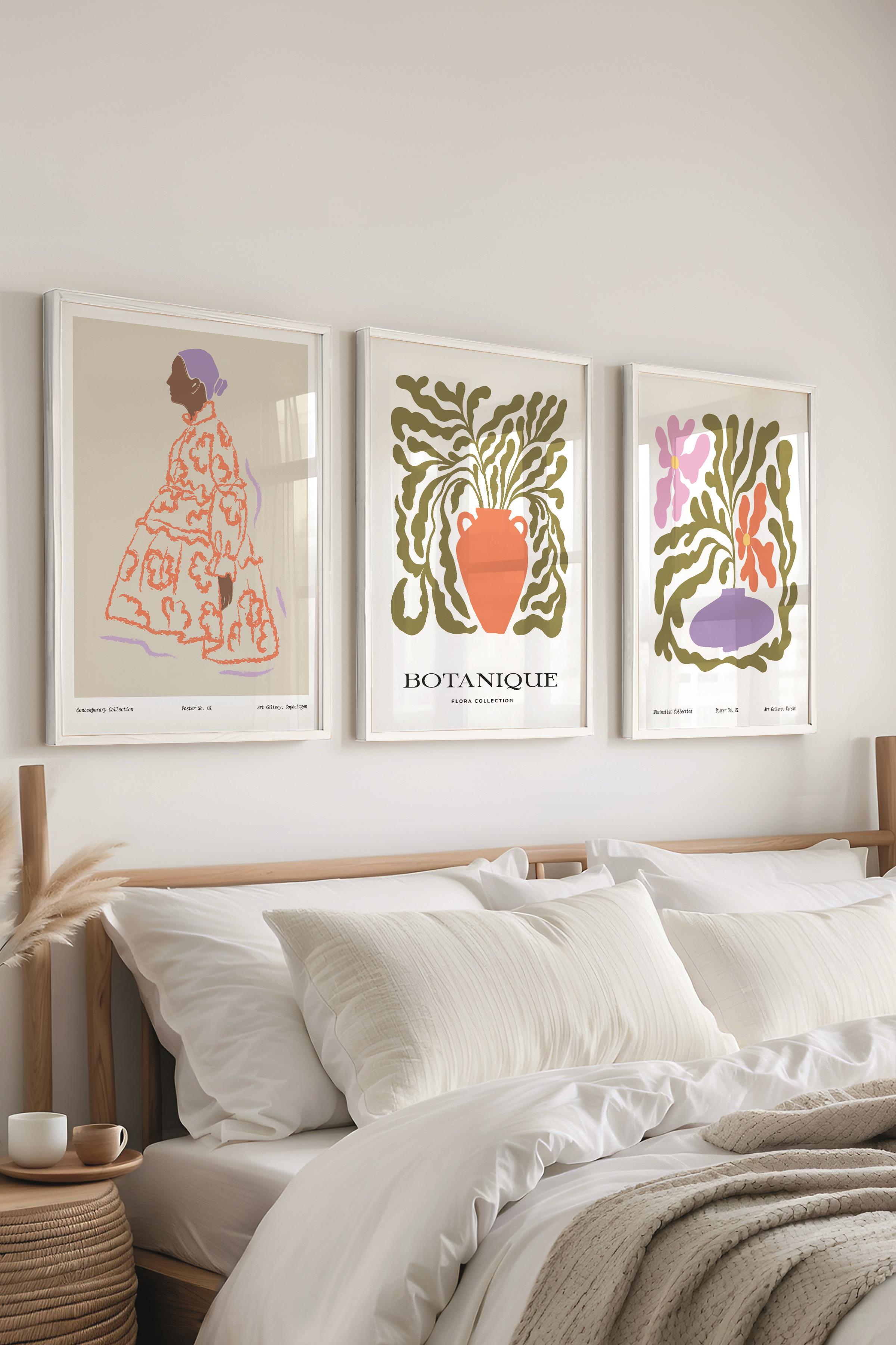 Çerçeveli Tablo Seti, 3 Adet Beyaz Çerçeve ve Minimalist Çizim Temalı Poster Seti, No:300584