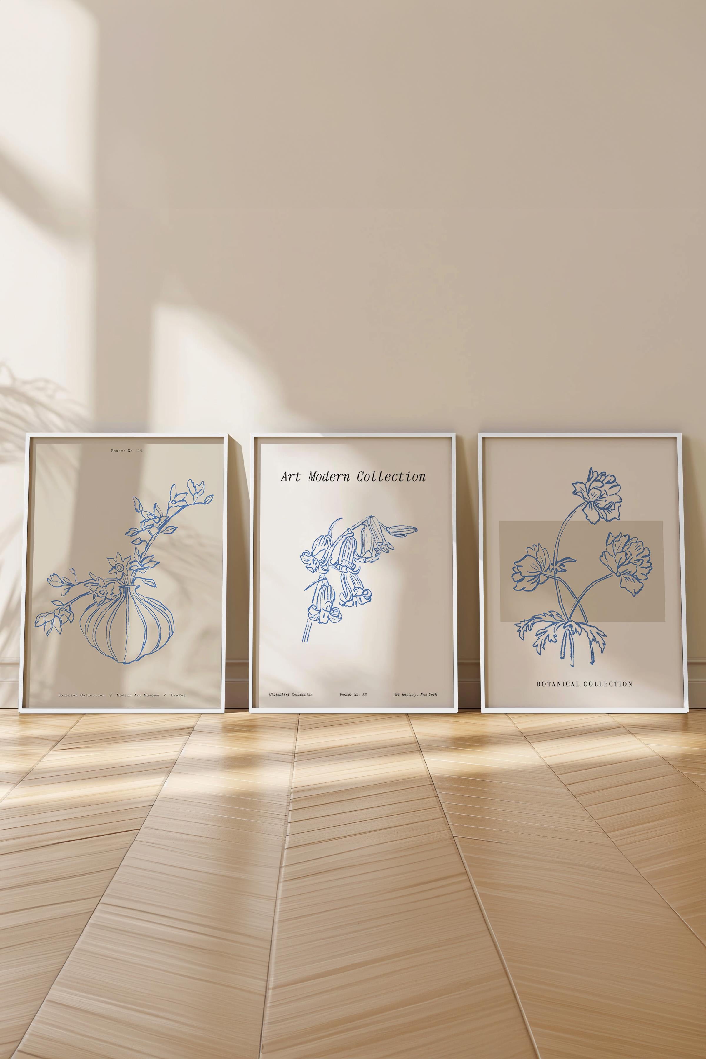 Çerçeveli Tablo Seti, 3 Adet Beyaz Çerçeve ve Minimalist Çizim Temalı Poster Seti, No:300586