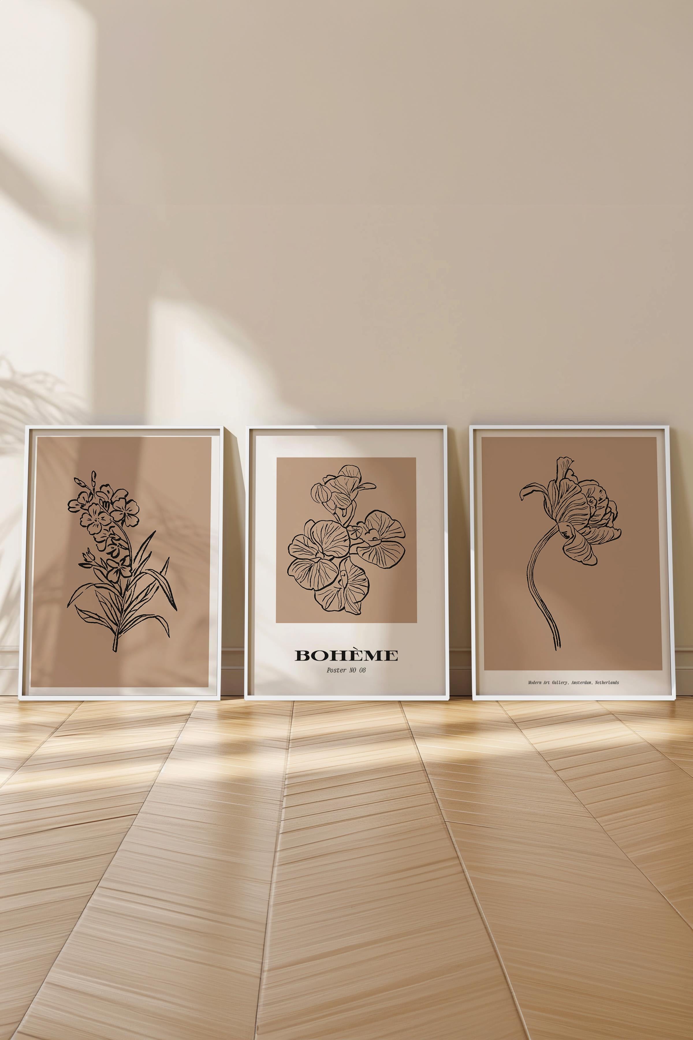 Çerçeveli Tablo Seti, 3 Adet Beyaz Çerçeve ve Minimalist Çizim Temalı Poster Seti, No:300588