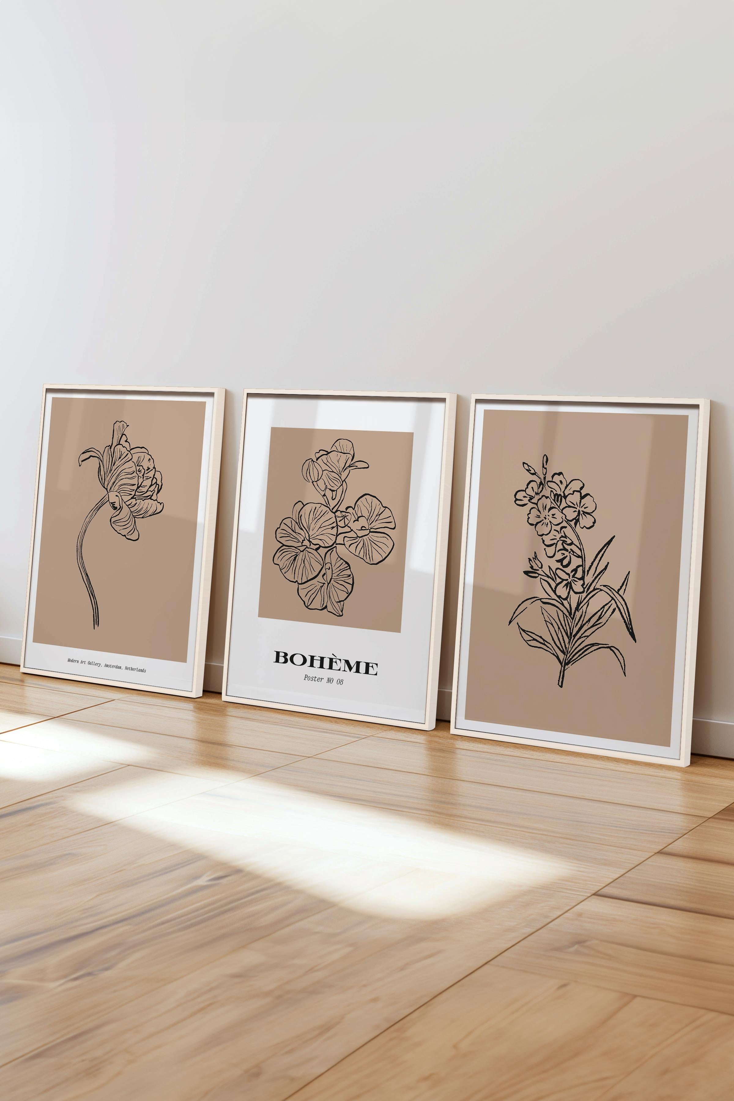 Çerçeveli Tablo Seti, 3 Adet Beyaz Çerçeve ve Minimalist Çizim Temalı Poster Seti, No:300588