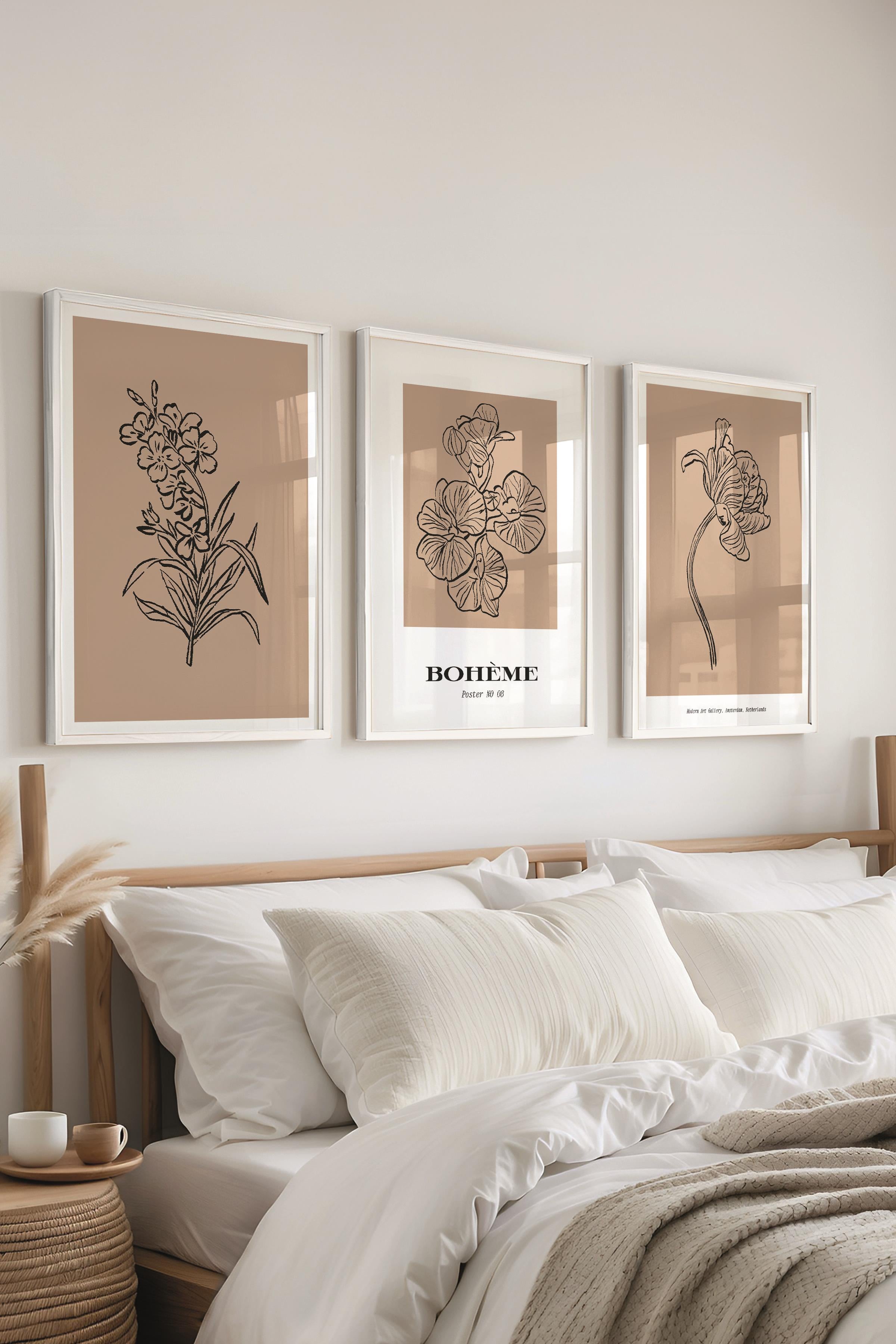 Çerçeveli Tablo Seti, 3 Adet Beyaz Çerçeve ve Minimalist Çizim Temalı Poster Seti, No:300588