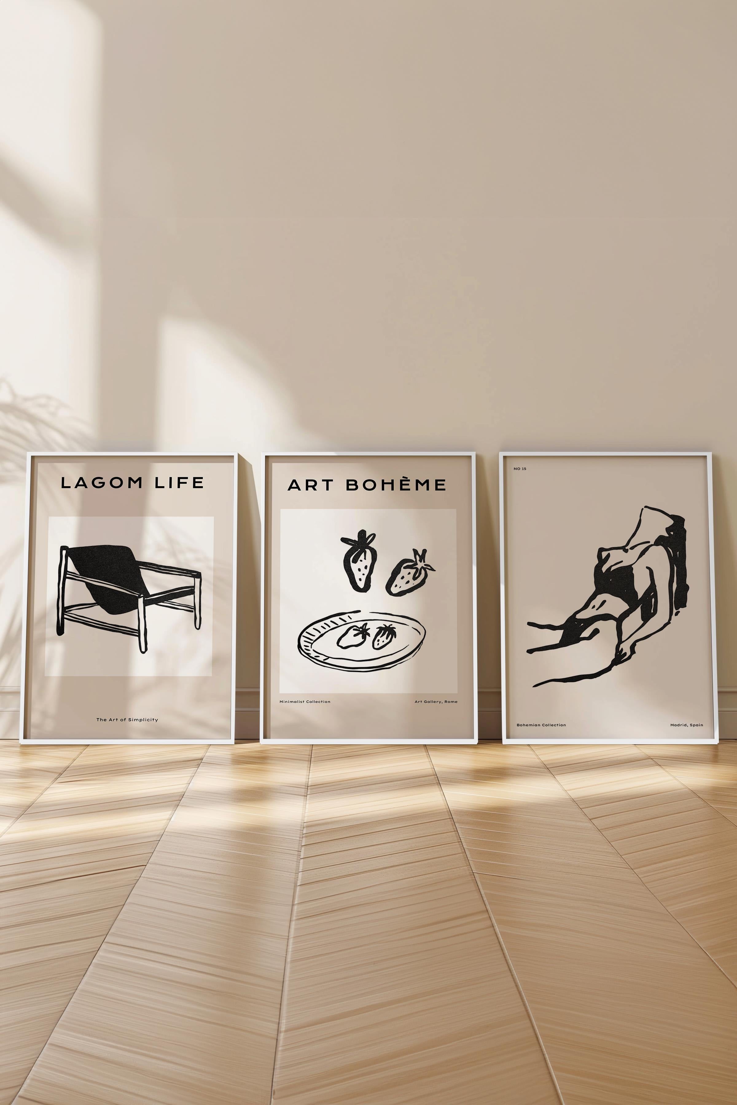 Çerçeveli Tablo Seti, 3 Adet Beyaz Çerçeve ve Minimalist Çizim Temalı Poster Seti, No:300589