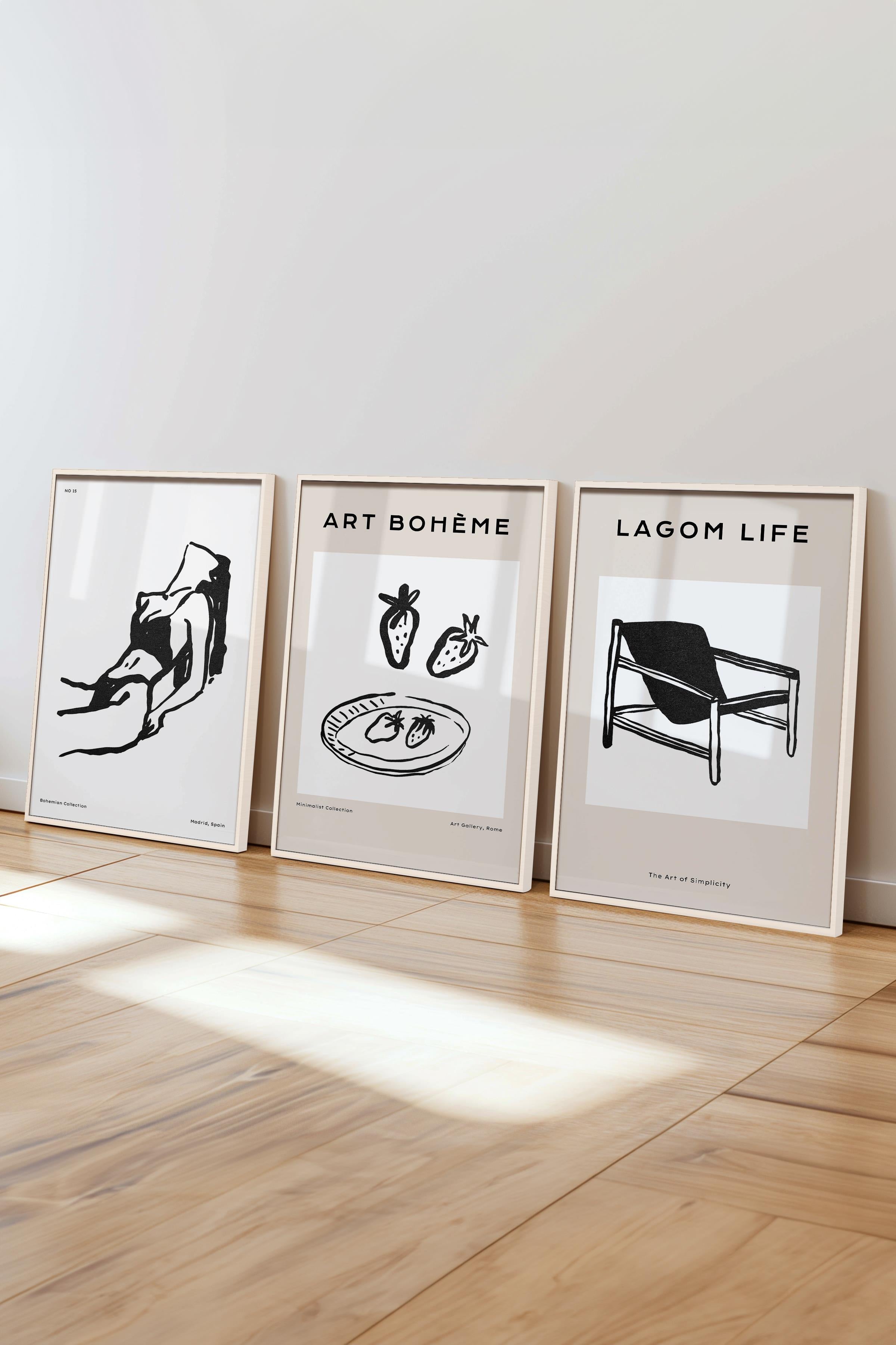 Çerçeveli Tablo Seti, 3 Adet Beyaz Çerçeve ve Minimalist Çizim Temalı Poster Seti, No:300589