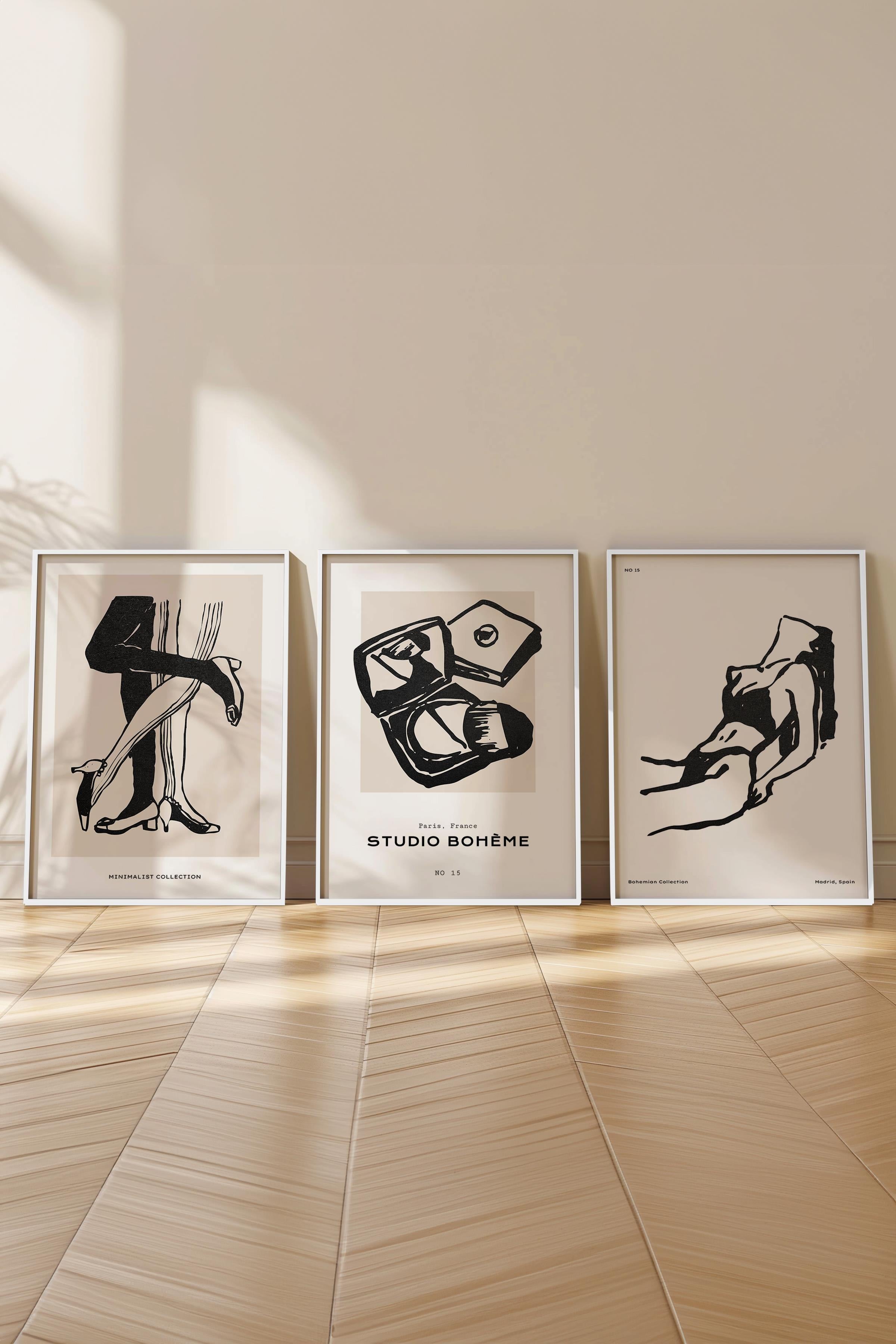 Çerçeveli Tablo Seti, 3 Adet Beyaz Çerçeve ve Minimalist Çizim Temalı Poster Seti, No:300590