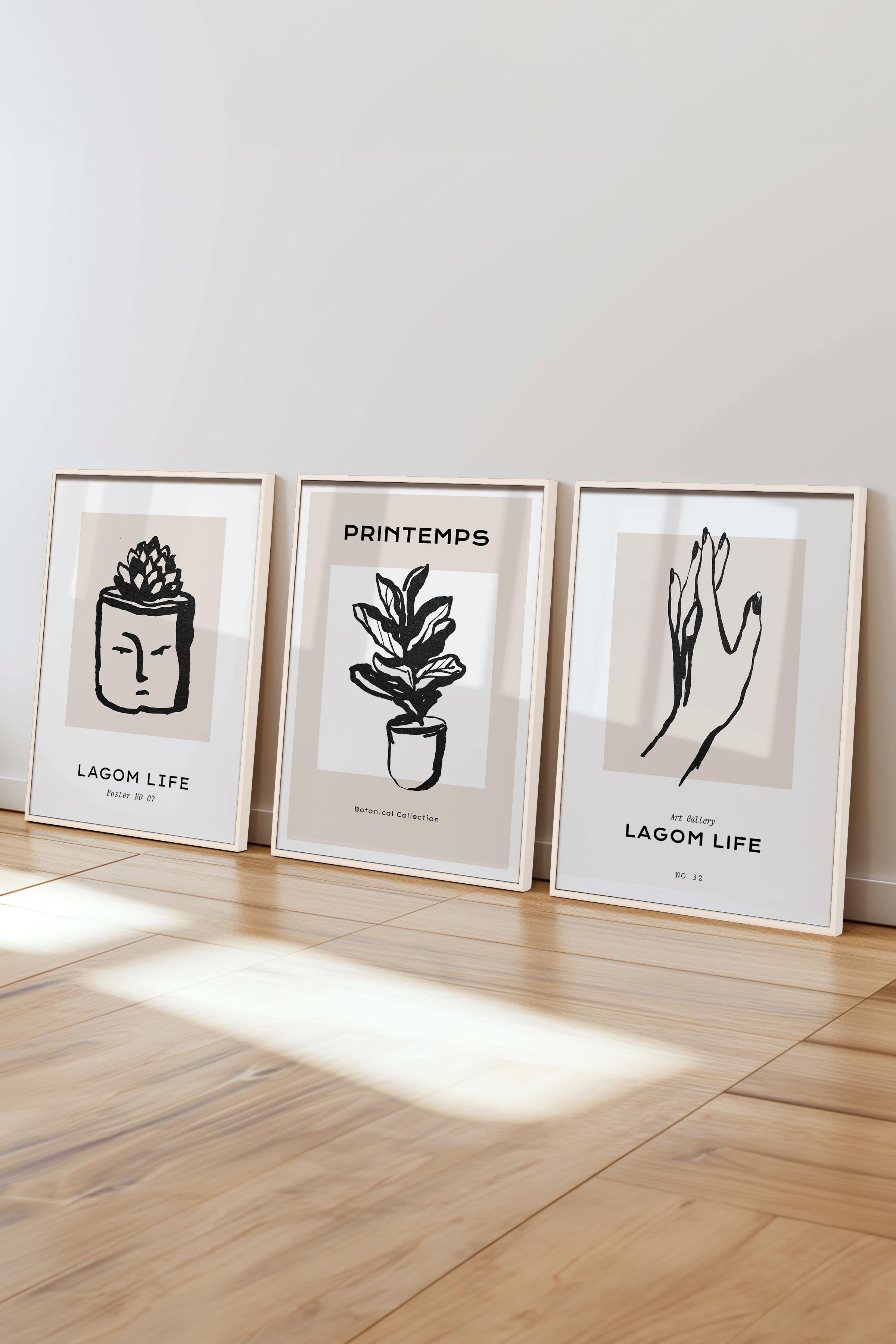 Çerçeveli Tablo Seti, 3 Adet Beyaz Çerçeve ve Minimalist Çizim Temalı Poster Seti, No:300591