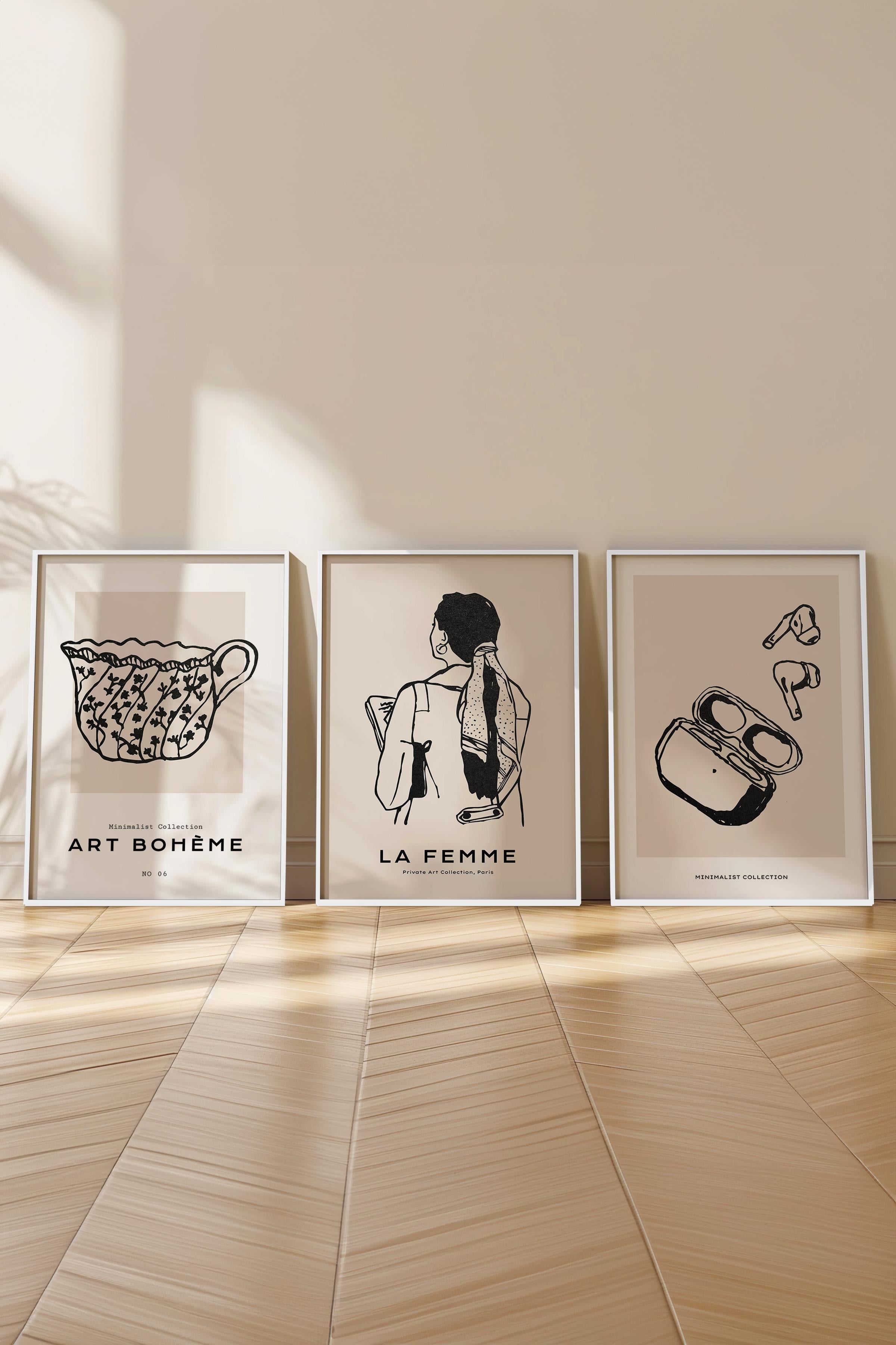 Çerçeveli Tablo Seti, 3 Adet Beyaz Çerçeve ve Minimalist Çizim Temalı Poster Seti, No:300598