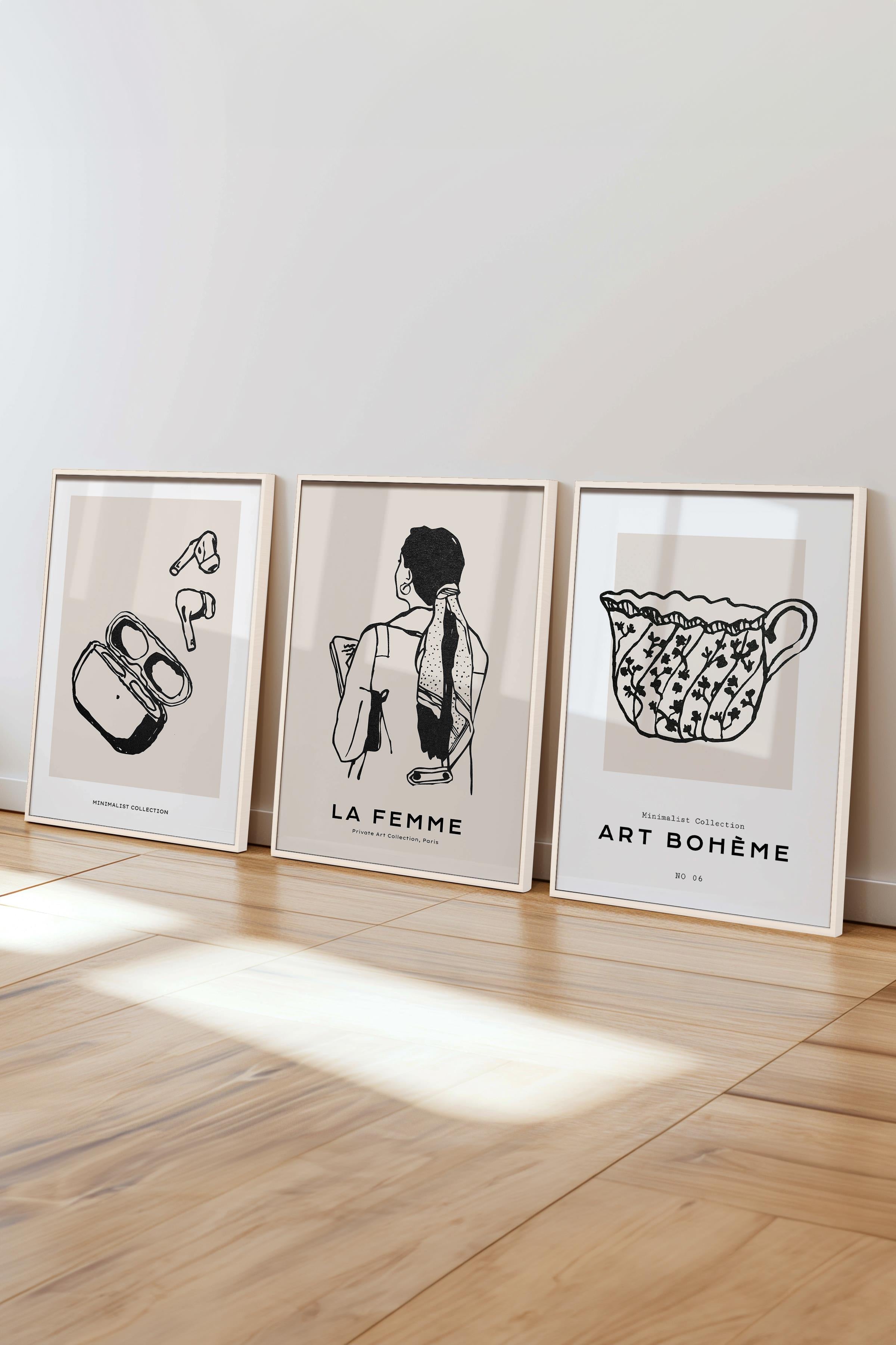 Çerçeveli Tablo Seti, 3 Adet Beyaz Çerçeve ve Minimalist Çizim Temalı Poster Seti, No:300598