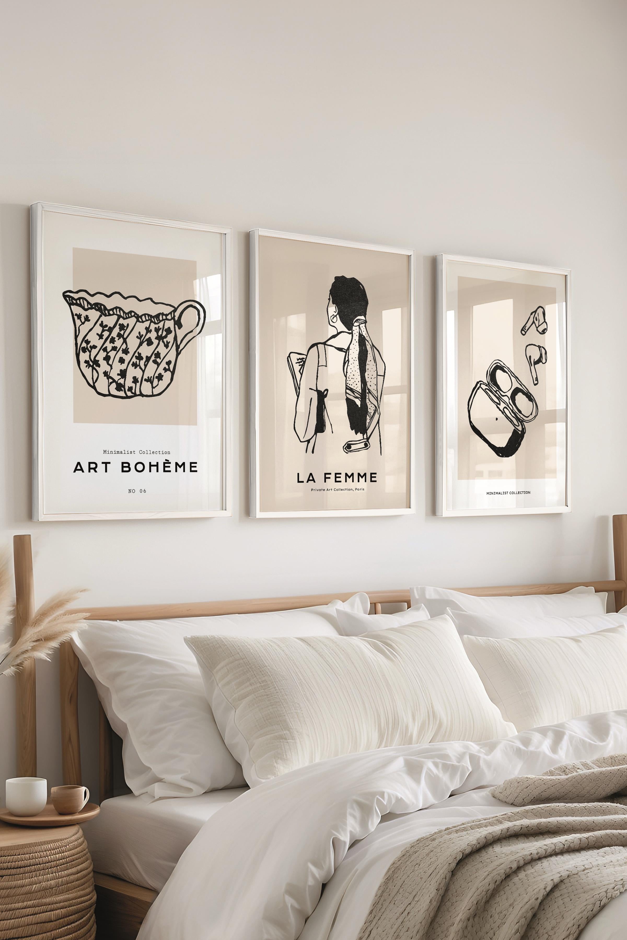 Çerçeveli Tablo Seti, 3 Adet Beyaz Çerçeve ve Minimalist Çizim Temalı Poster Seti, No:300598