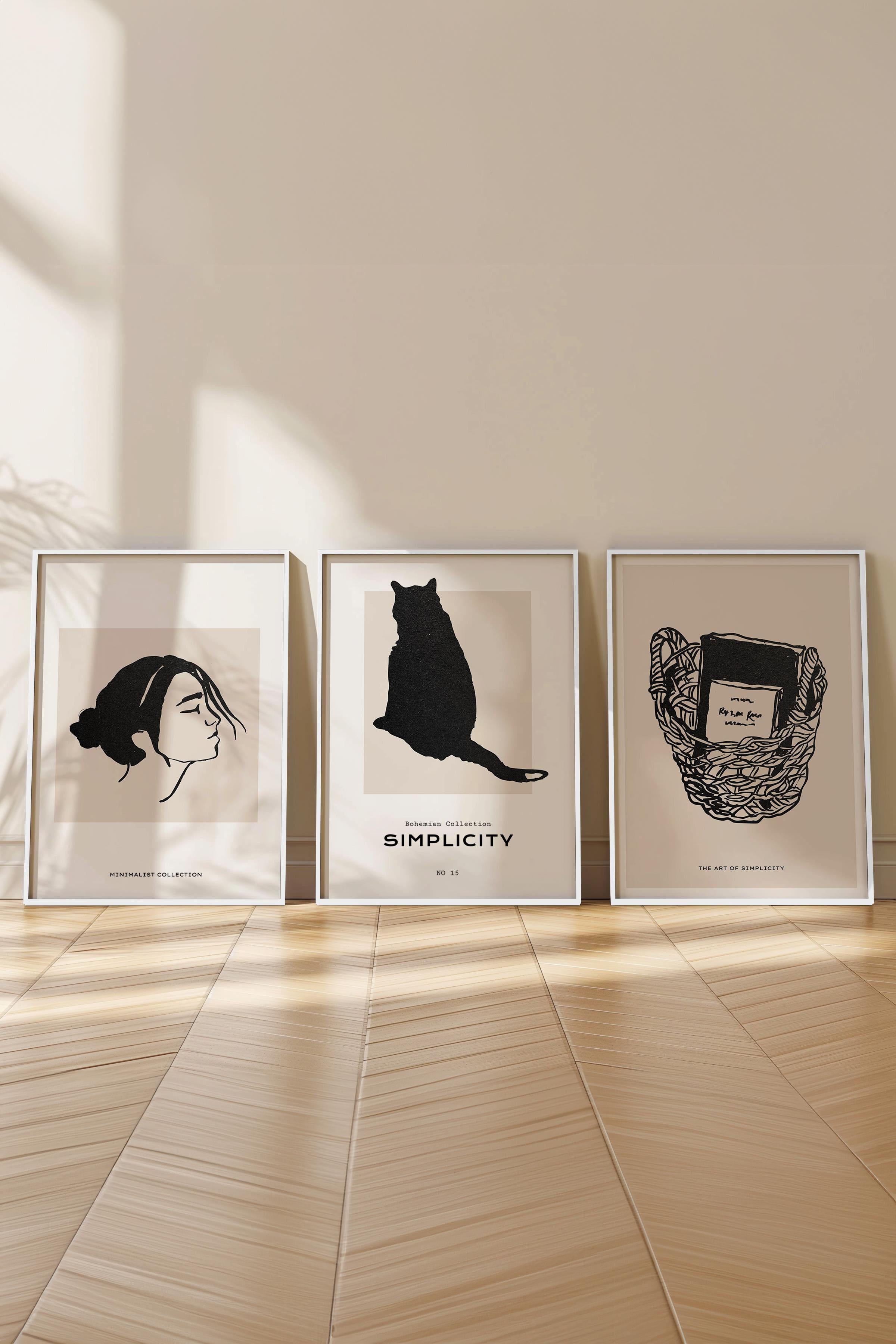 Çerçeveli Tablo Seti, 3 Adet Beyaz Çerçeve ve Minimalist Çizim Temalı Poster Seti, No:300599