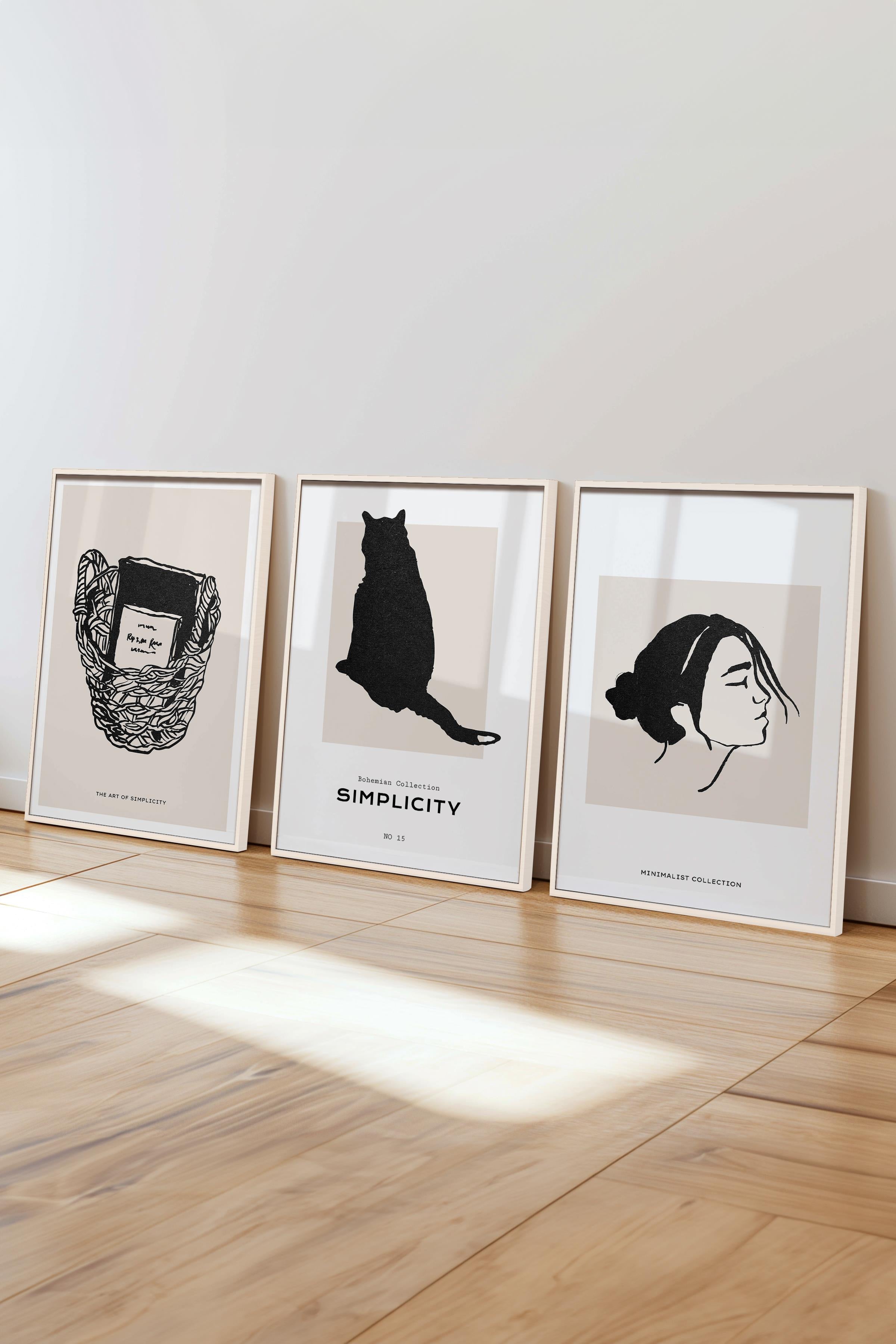 Çerçeveli Tablo Seti, 3 Adet Beyaz Çerçeve ve Minimalist Çizim Temalı Poster Seti, No:300599
