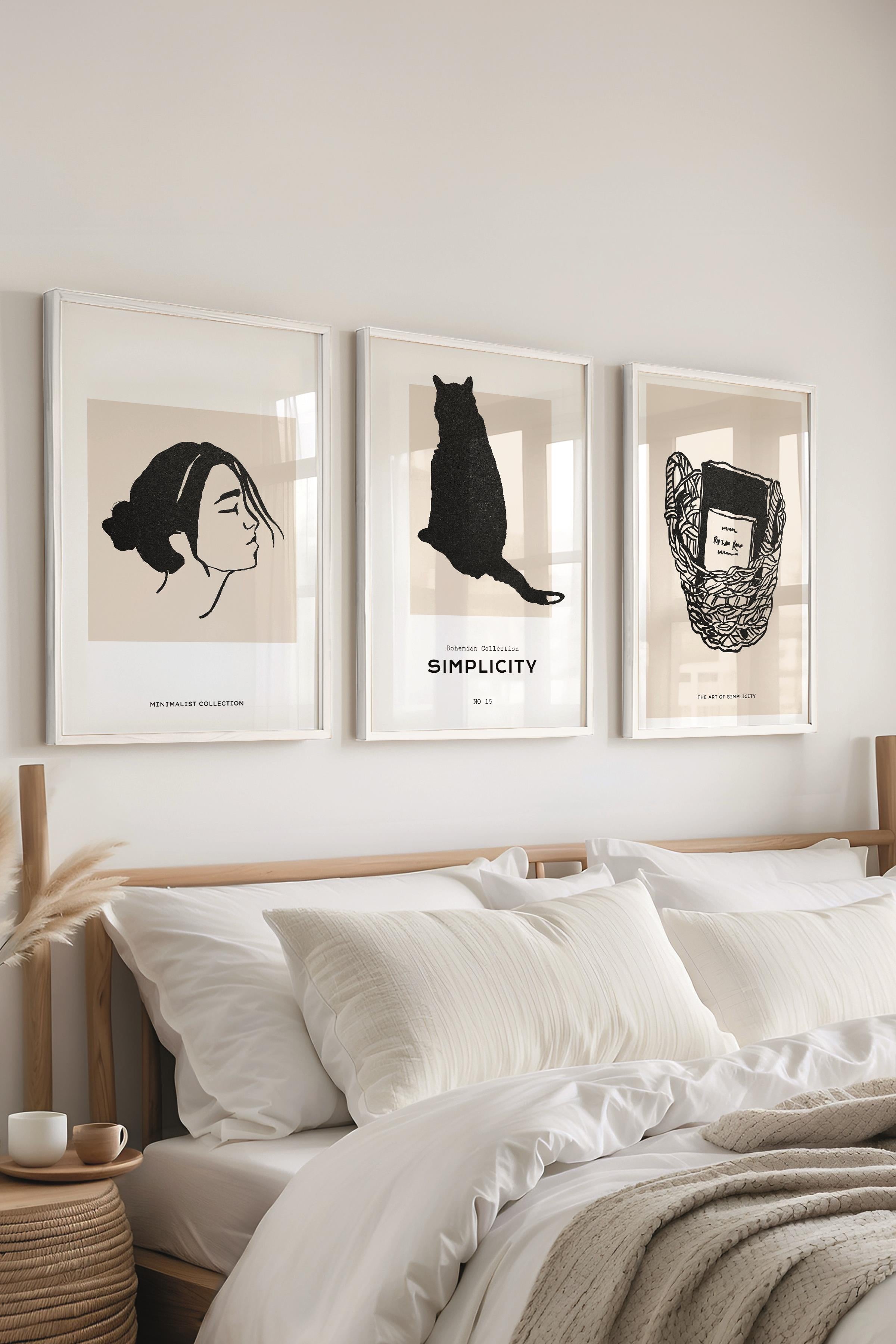 Çerçeveli Tablo Seti, 3 Adet Beyaz Çerçeve ve Minimalist Çizim Temalı Poster Seti, No:300599