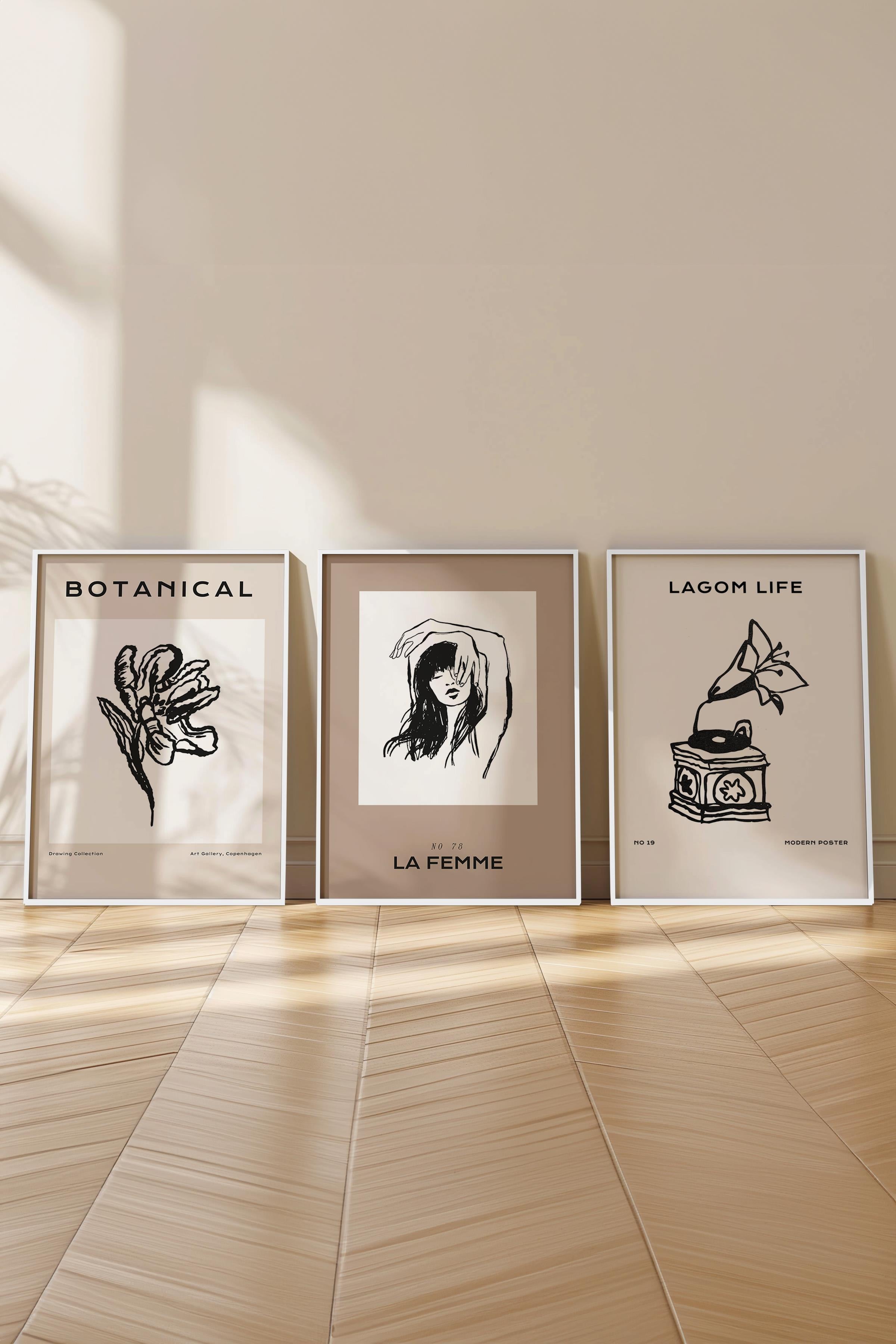Çerçeveli Tablo Seti, 3 Adet Beyaz Çerçeve ve Minimalist Çizim Temalı Poster Seti, No:300600