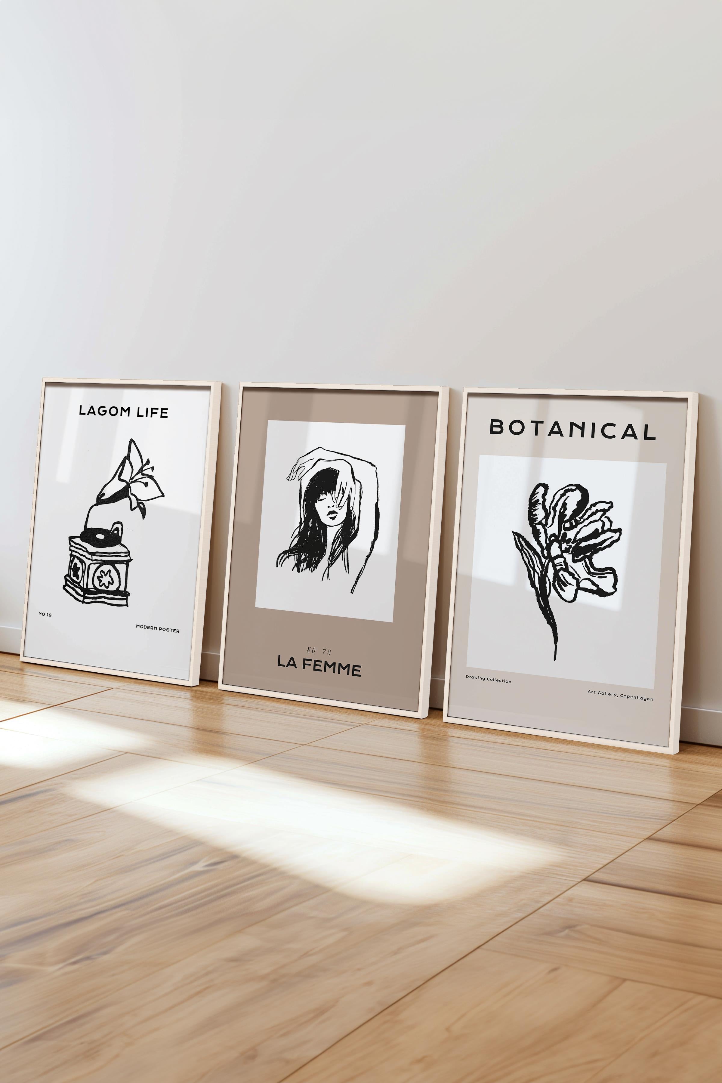 Çerçeveli Tablo Seti, 3 Adet Beyaz Çerçeve ve Minimalist Çizim Temalı Poster Seti, No:300600