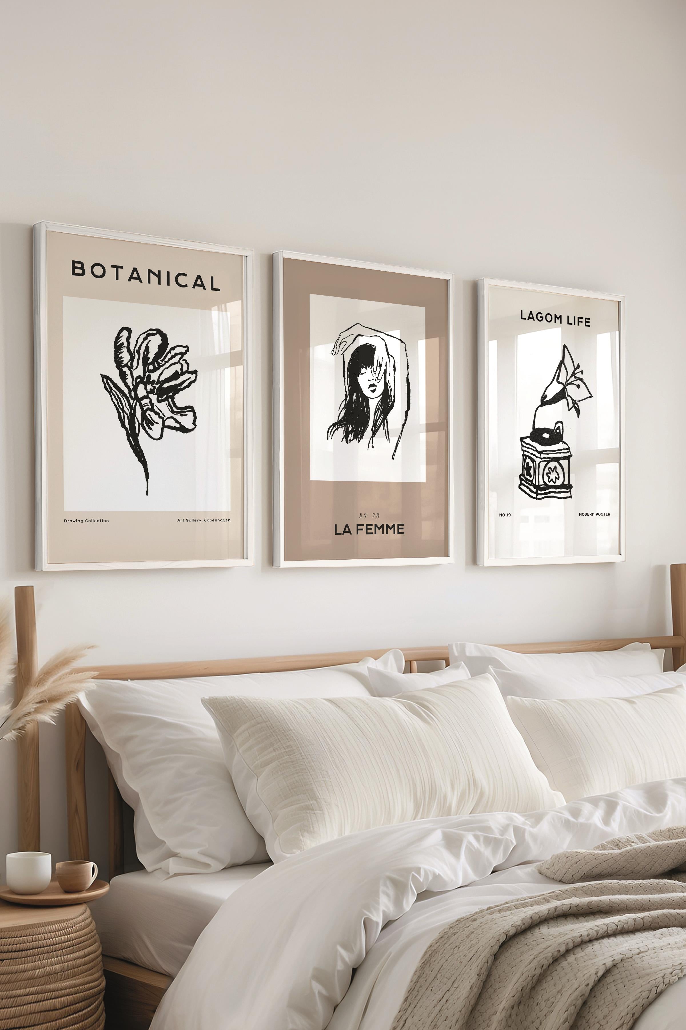 Çerçeveli Tablo Seti, 3 Adet Beyaz Çerçeve ve Minimalist Çizim Temalı Poster Seti, No:300600