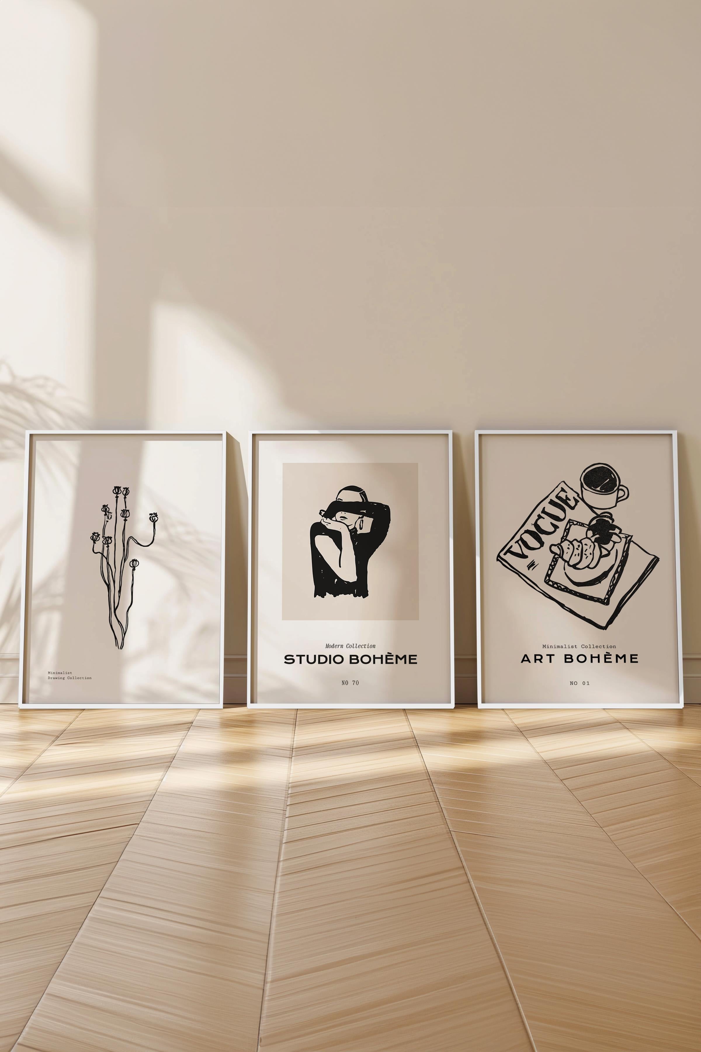 Çerçeveli Tablo Seti, 3 Adet Beyaz Çerçeve ve Minimalist Çizim Temalı Poster Seti, No:300601