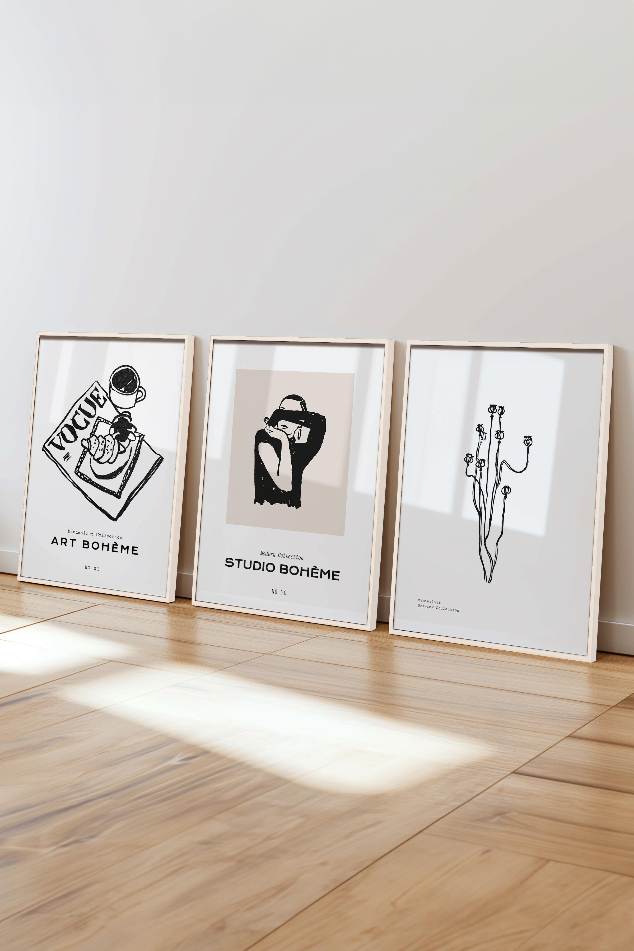 Çerçeveli Tablo Seti, 3 Adet Beyaz Çerçeve ve Minimalist Çizim Temalı Poster Seti, No:300601