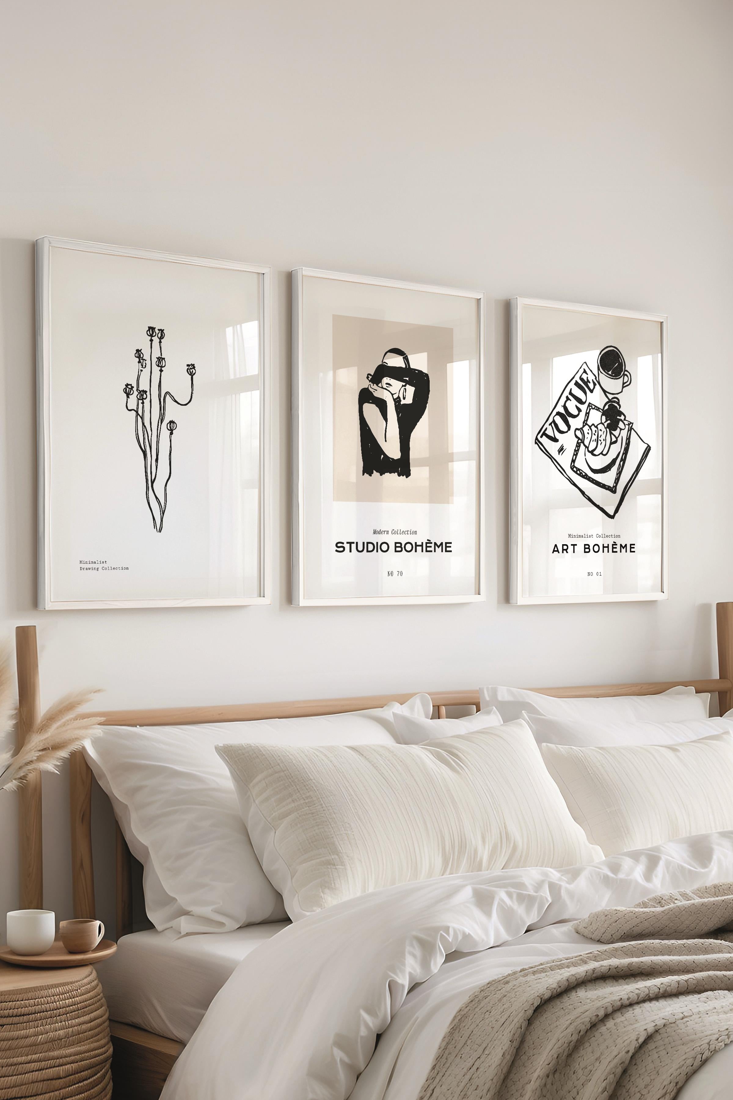Çerçeveli Tablo Seti, 3 Adet Beyaz Çerçeve ve Minimalist Çizim Temalı Poster Seti, No:300601