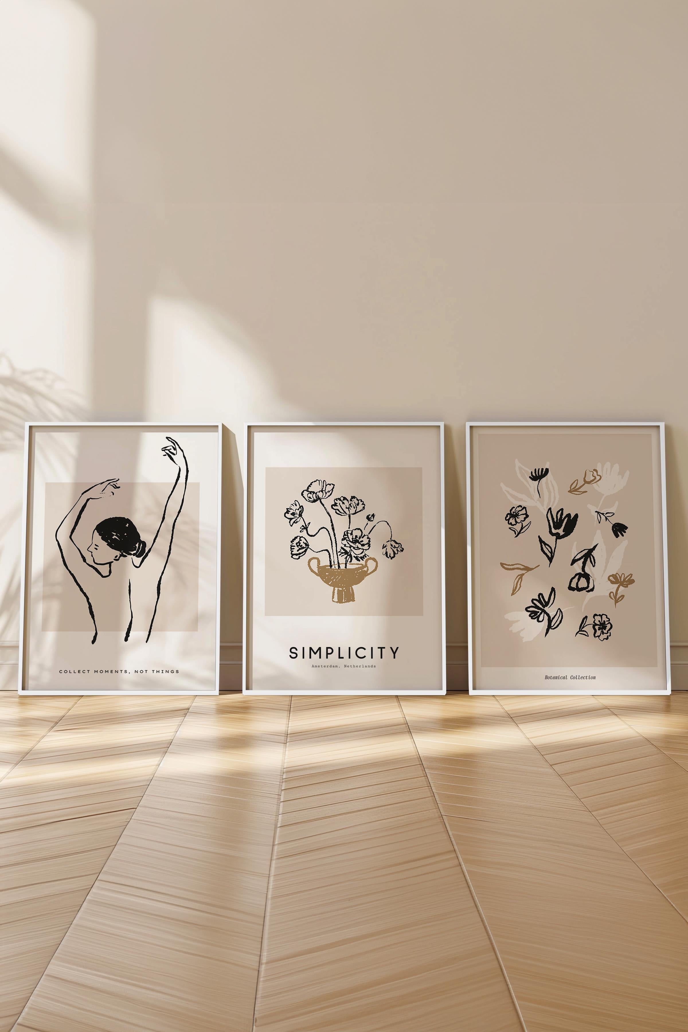 Çerçeveli Tablo Seti, 3 Adet Beyaz Çerçeve ve Minimalist Çizim Temalı Poster Seti, No:300602