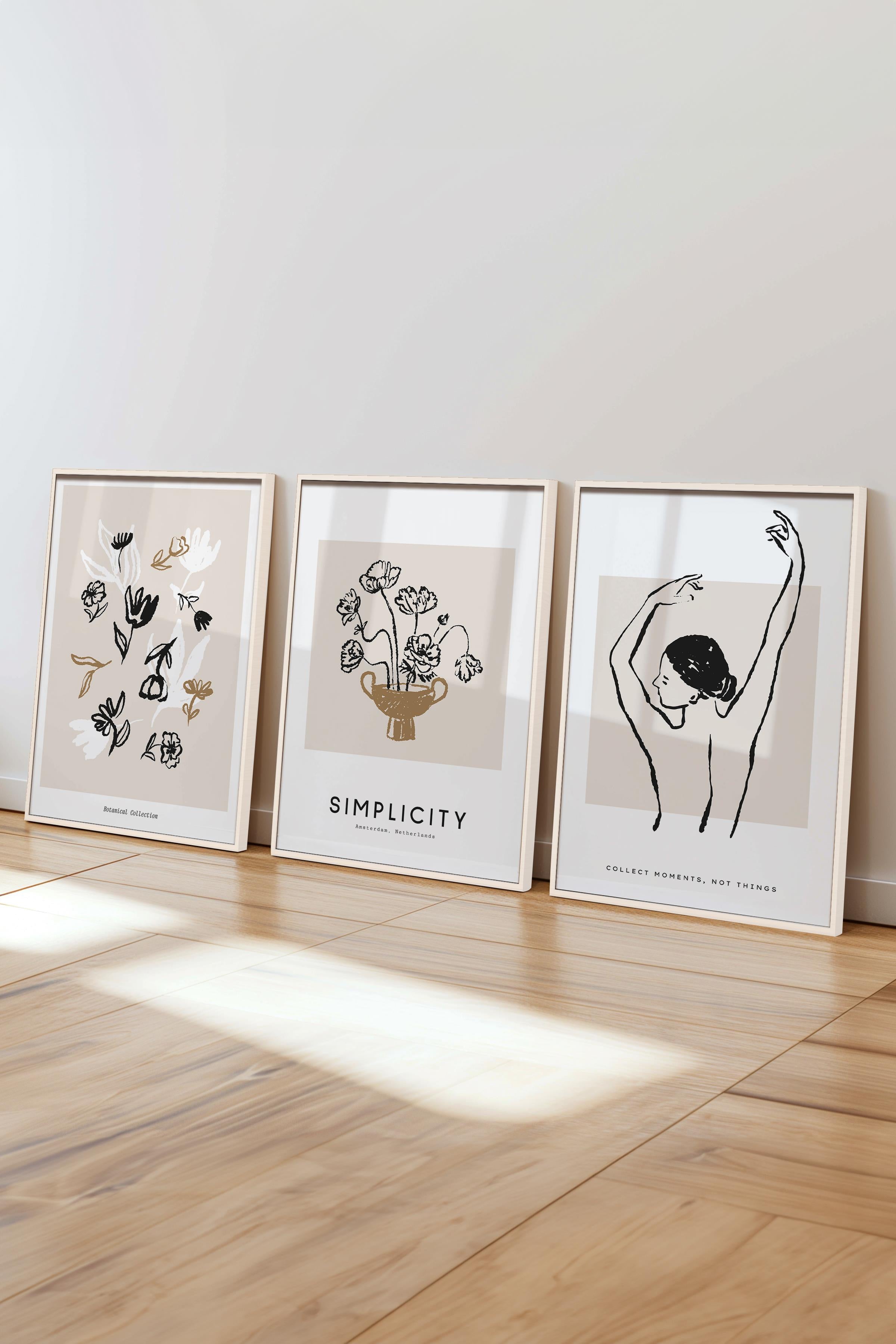 Çerçeveli Tablo Seti, 3 Adet Beyaz Çerçeve ve Minimalist Çizim Temalı Poster Seti, No:300602