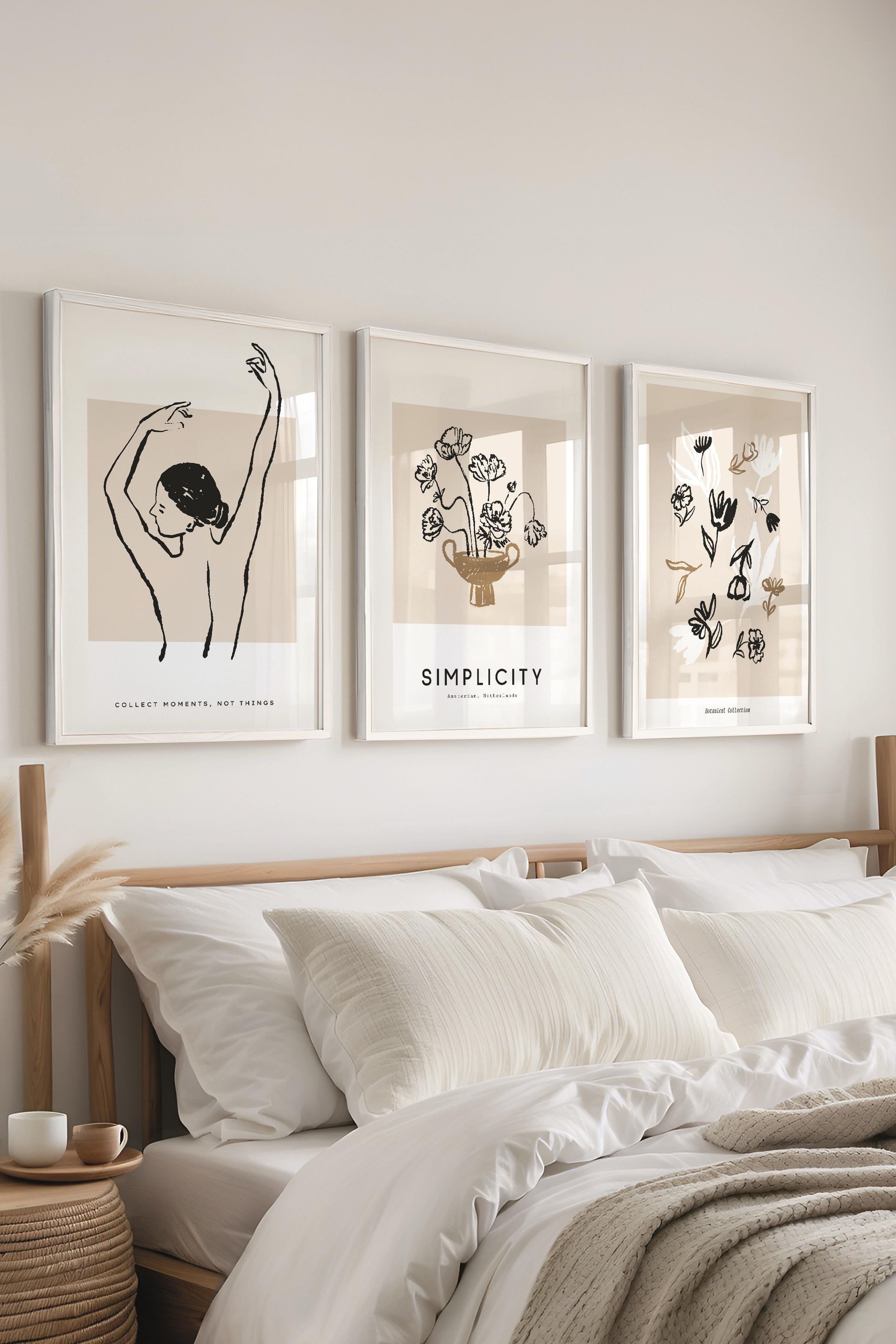 Çerçeveli Tablo Seti, 3 Adet Beyaz Çerçeve ve Minimalist Çizim Temalı Poster Seti, No:300602