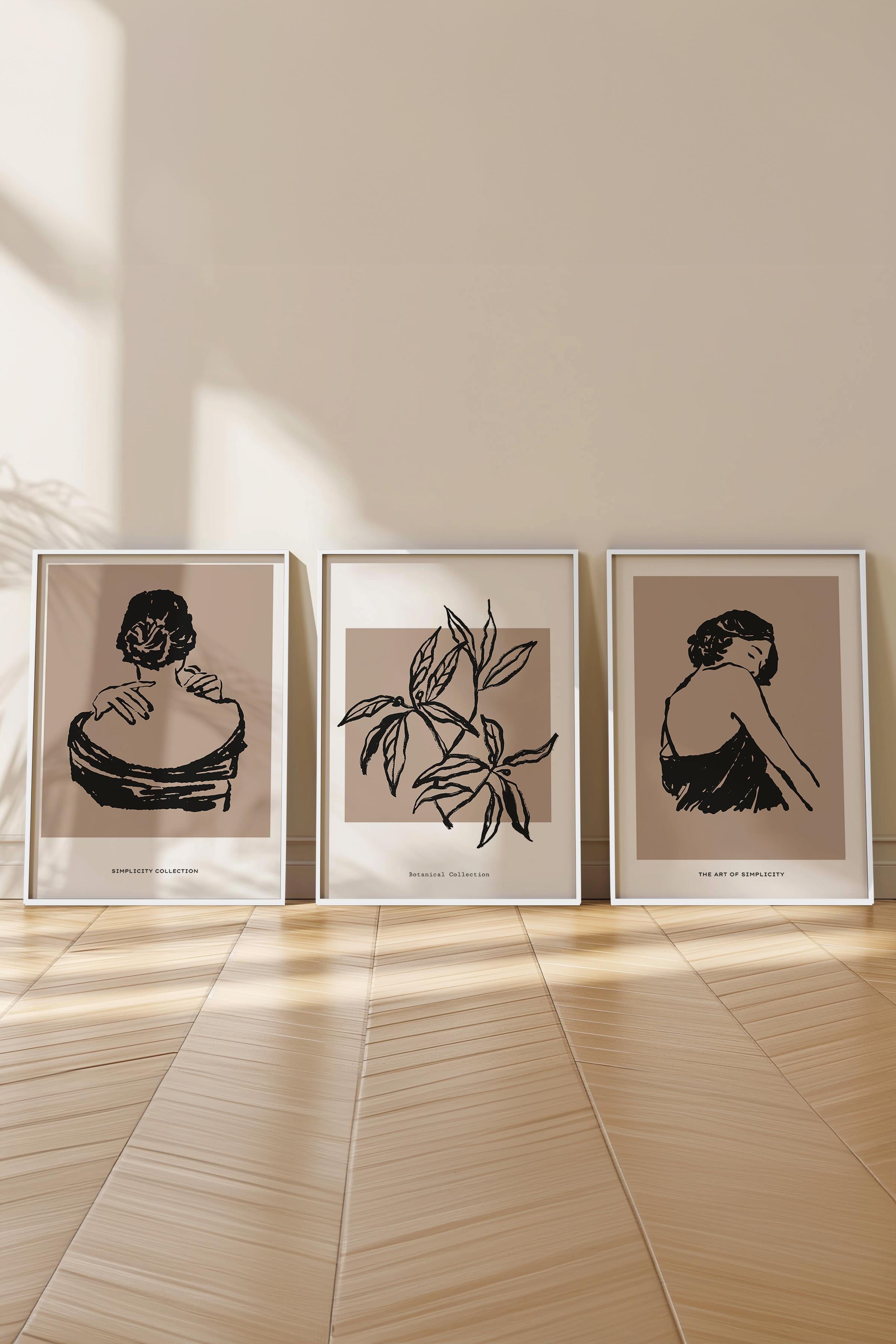 Çerçeveli Tablo Seti, 3 Adet Beyaz Çerçeve ve Minimalist Çizim Temalı Poster Seti, No:300604