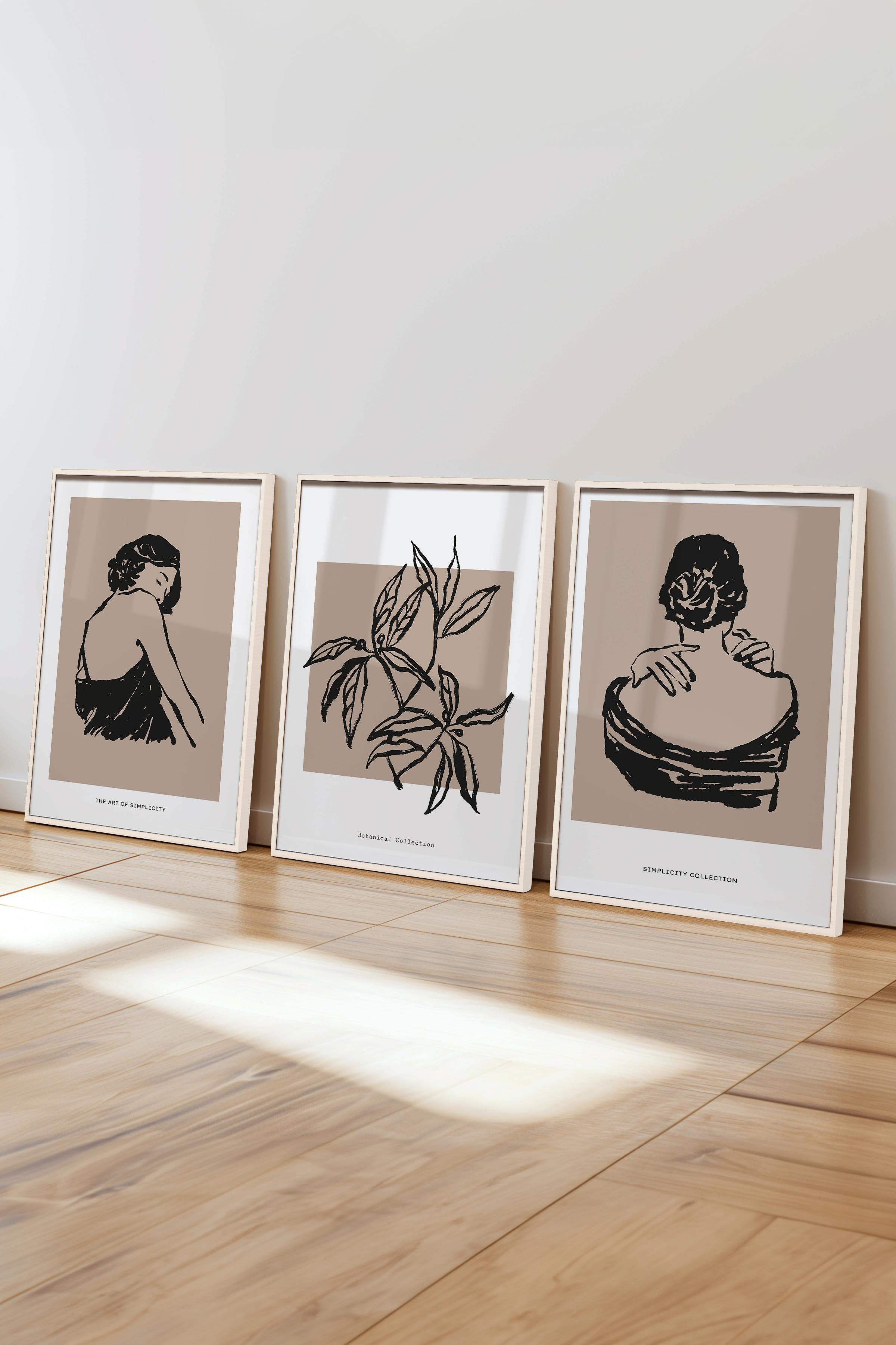 Çerçeveli Tablo Seti, 3 Adet Beyaz Çerçeve ve Minimalist Çizim Temalı Poster Seti, No:300604