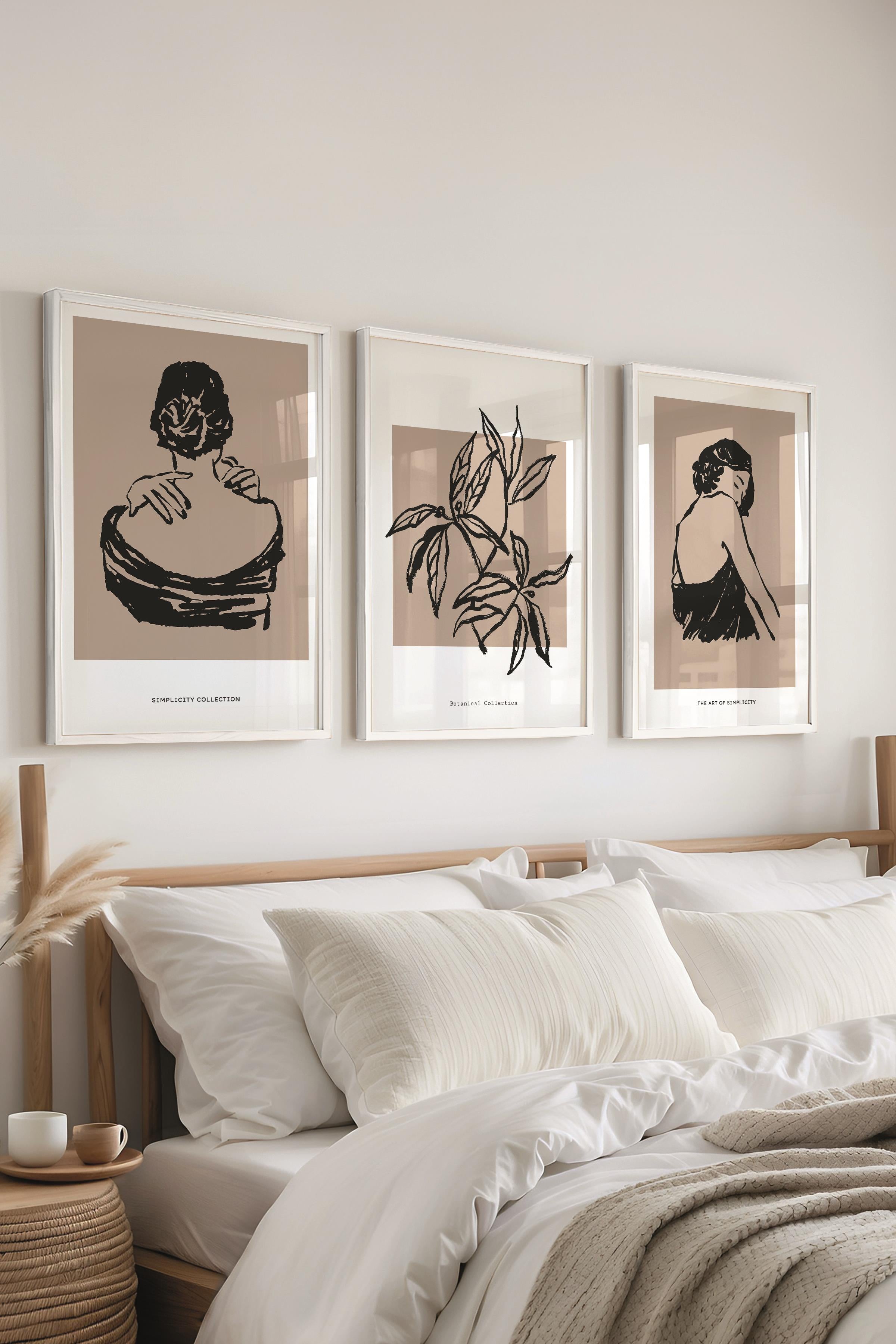 Çerçeveli Tablo Seti, 3 Adet Beyaz Çerçeve ve Minimalist Çizim Temalı Poster Seti, No:300604