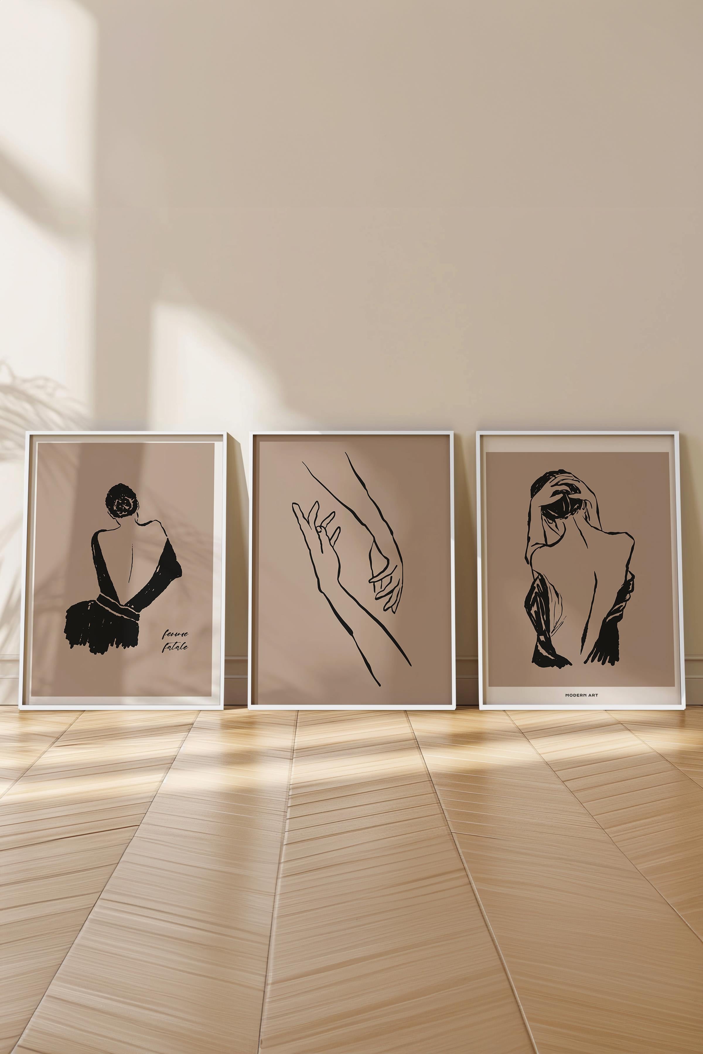 Çerçeveli Tablo Seti, 3 Adet Beyaz Çerçeve ve Minimalist Çizim Temalı Poster Seti, No:300606